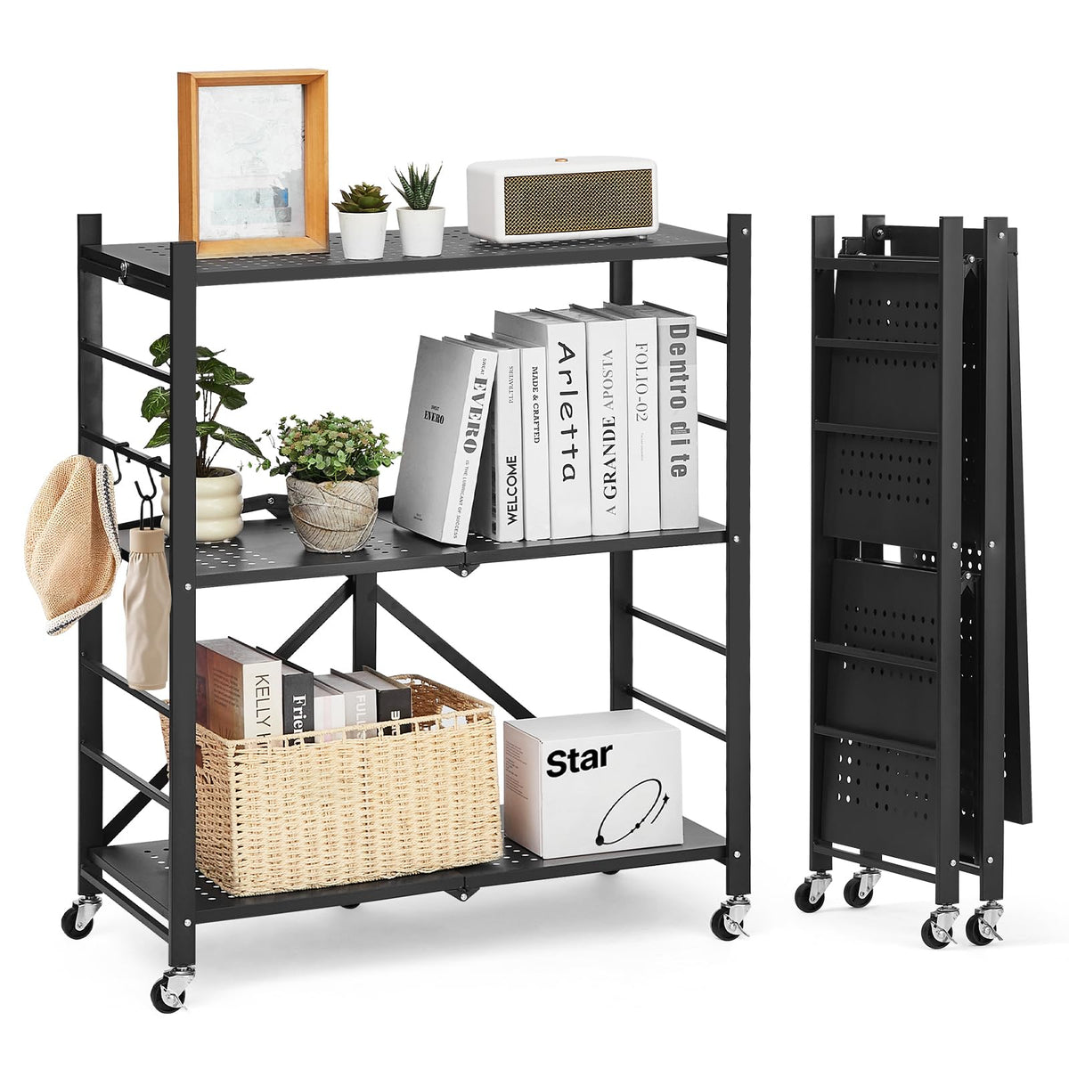 3-Tier Foldable Metal Storage Shelf with Wheels and Hooks, Black T6860