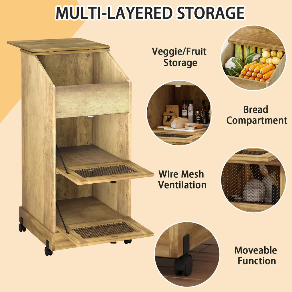 Brown Wooden Potato Storage Bin with Wheel Z3783