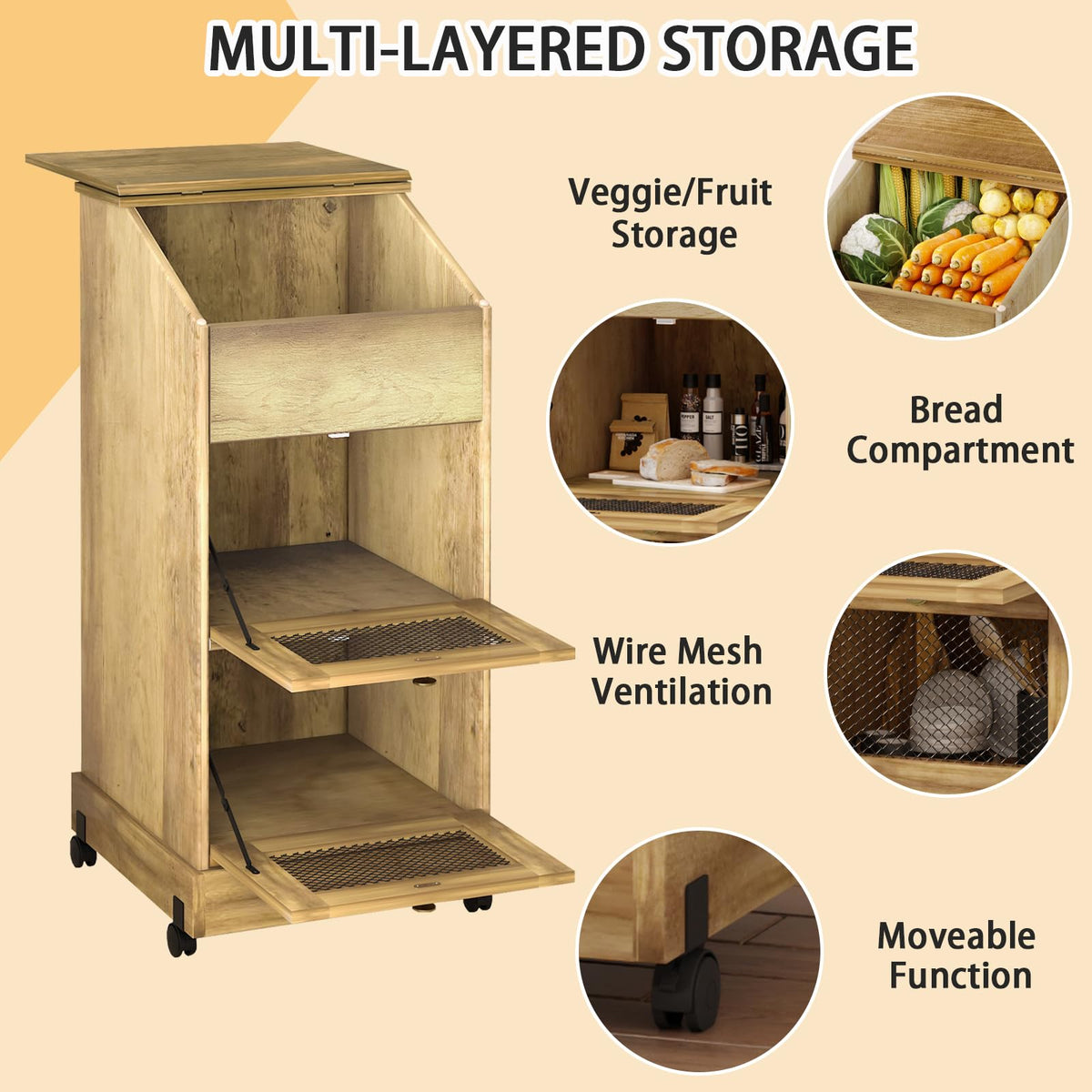 Brown Wooden Potato Storage Bin with Wheel Z3783