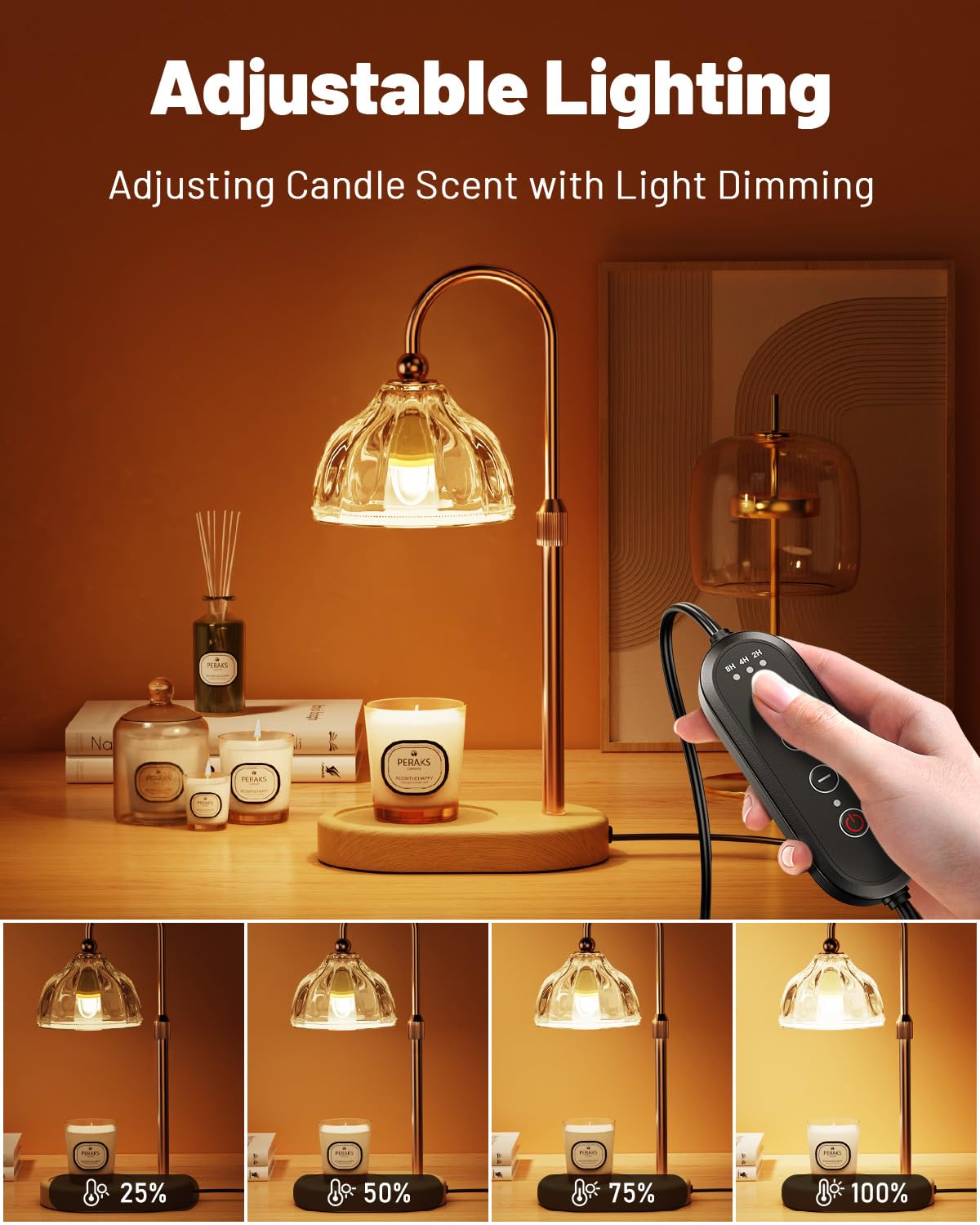 Candle Warmer Lamp with Timer Dimmer, Height Adjustable, Amber Lampshade, 2 Bulbs K6739
