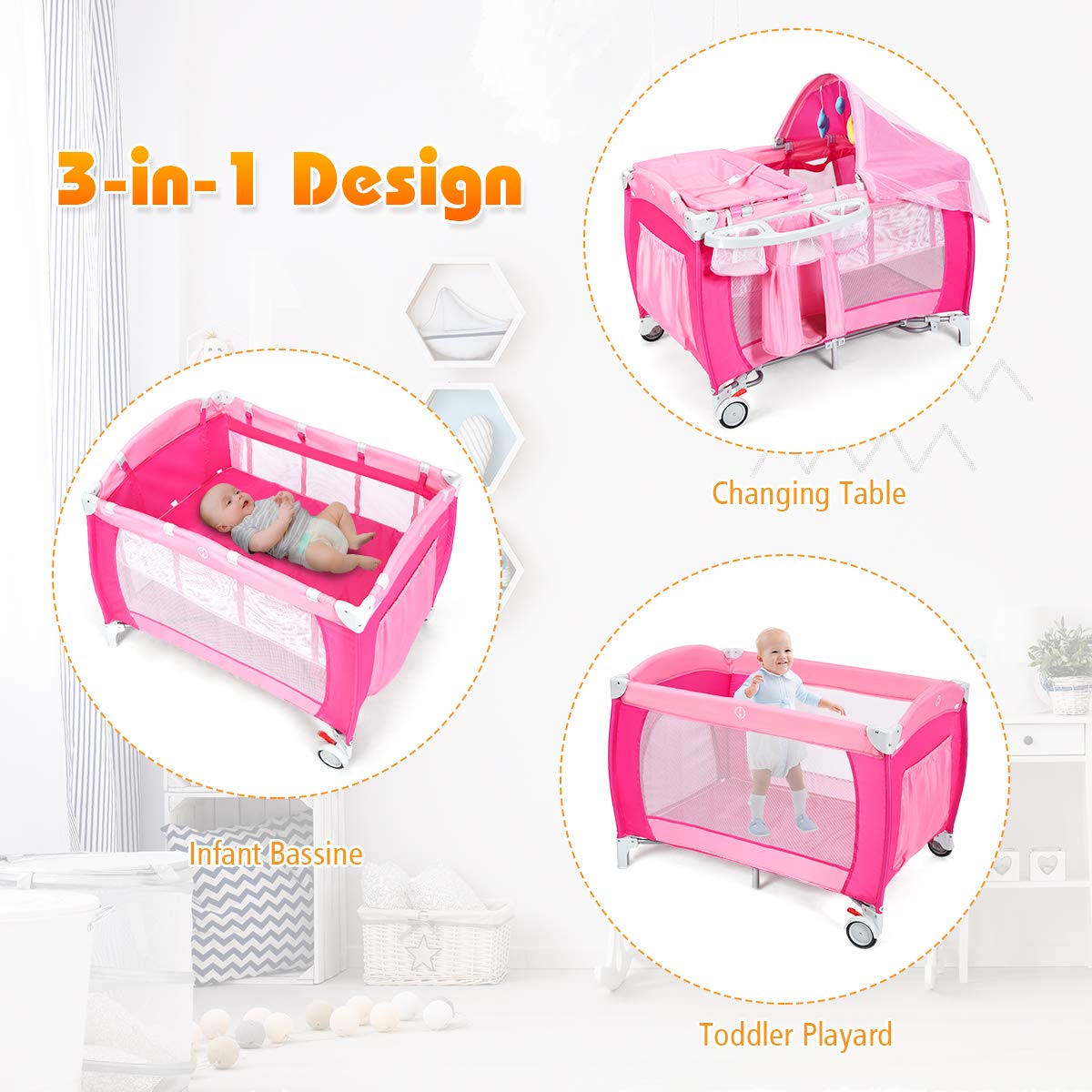 4 in 1 Pink Pack and Play with Bassinet Z509