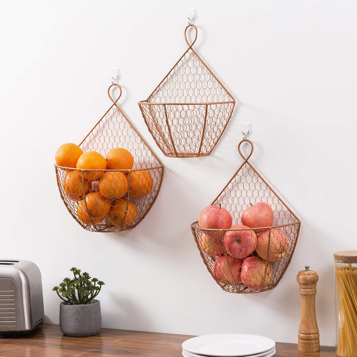 Set of 3 Copper Metal Wire Mesh Wall Hanging Baskets S373