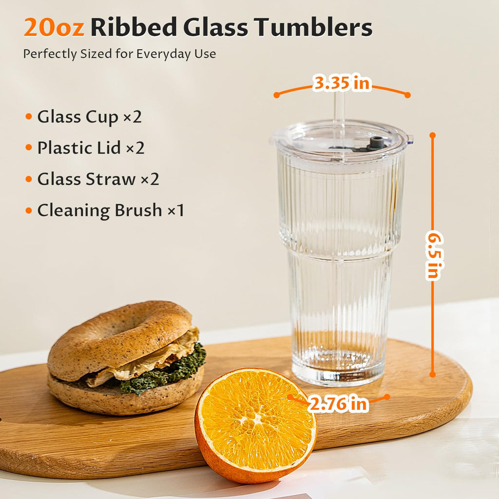 20oz Glass Iced Coffee Cups with Lids and Straws J599