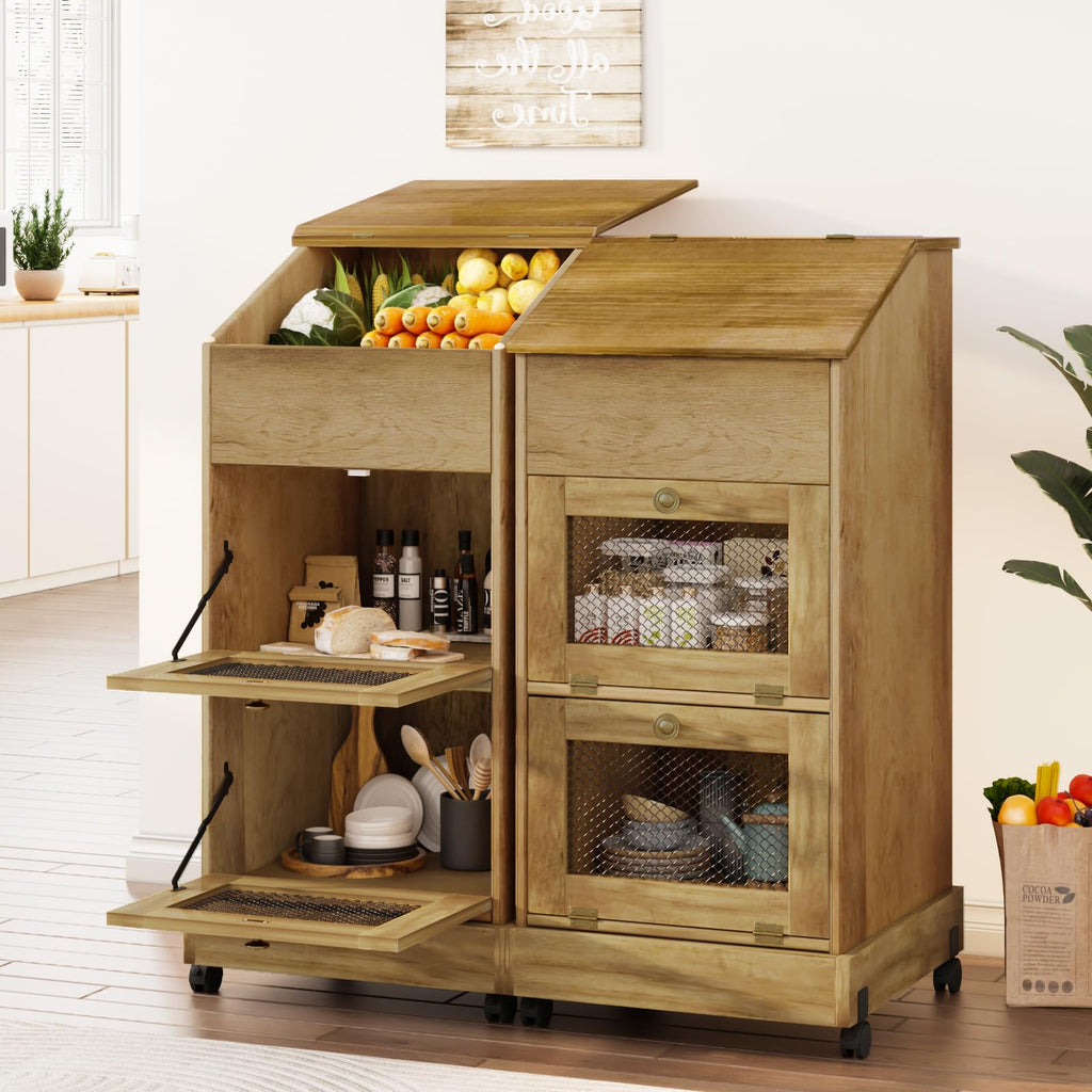 Brown Wooden Potato Storage Bin with Wheel Z3783