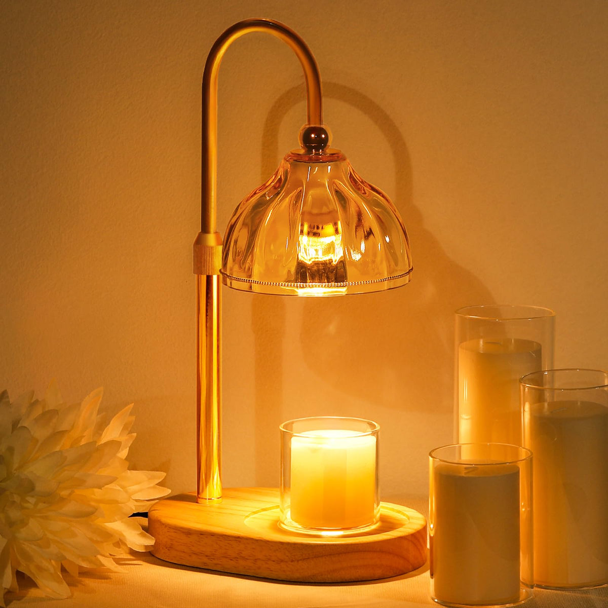 Candle Warmer Lamp with Timer Dimmer, Height Adjustable, Amber Lampshade, 2 Bulbs K6739