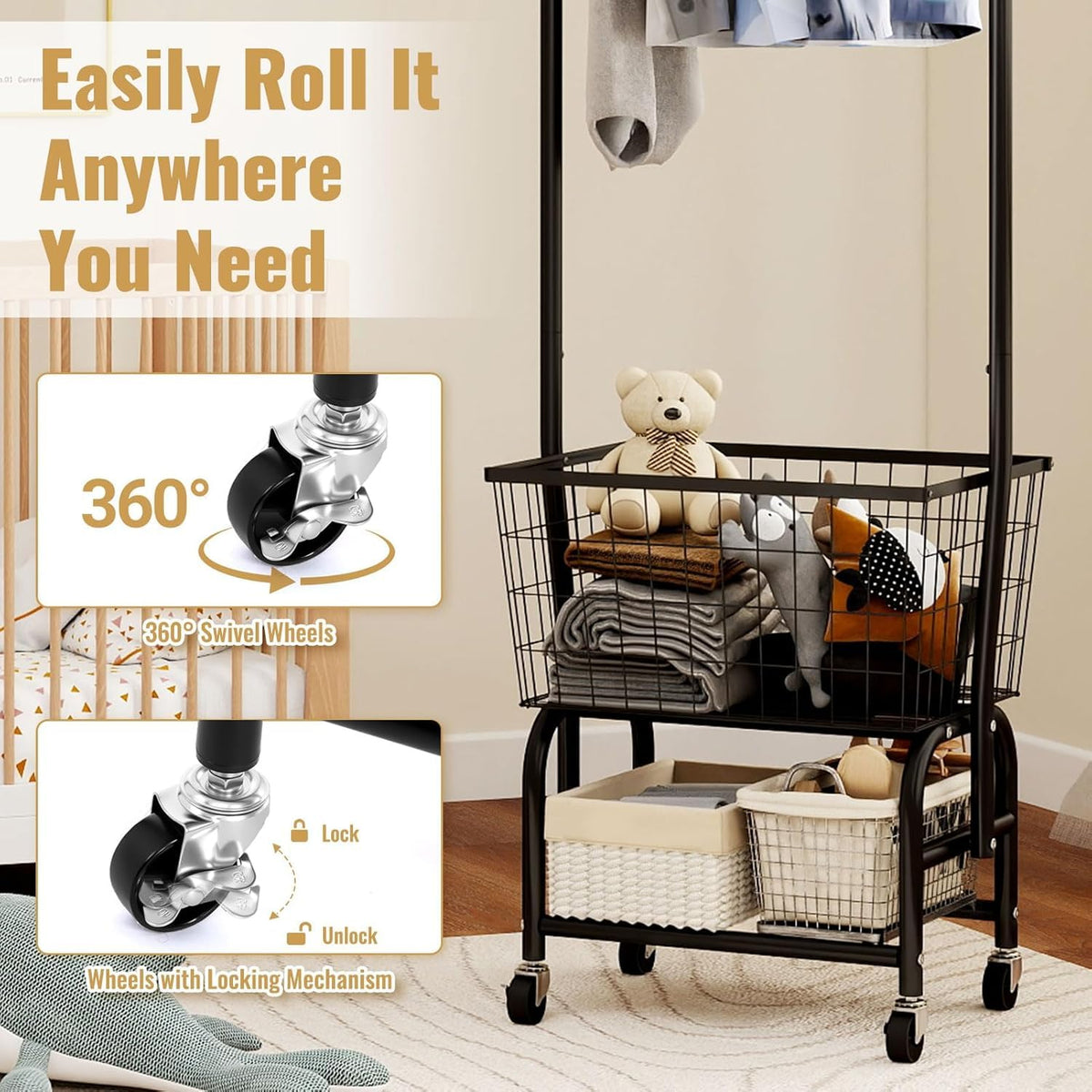 Black Rolling Laundry Cart with Hanging Rack K570642