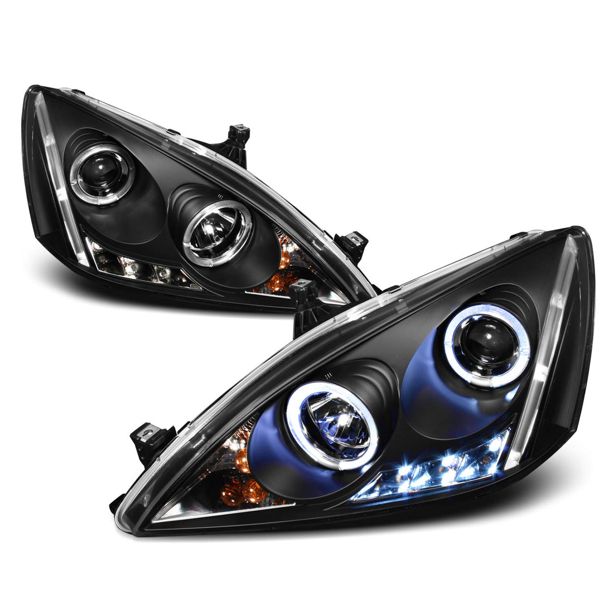 Black Bezel Dual Ring DRL LED Projector Headlights Pair Q453