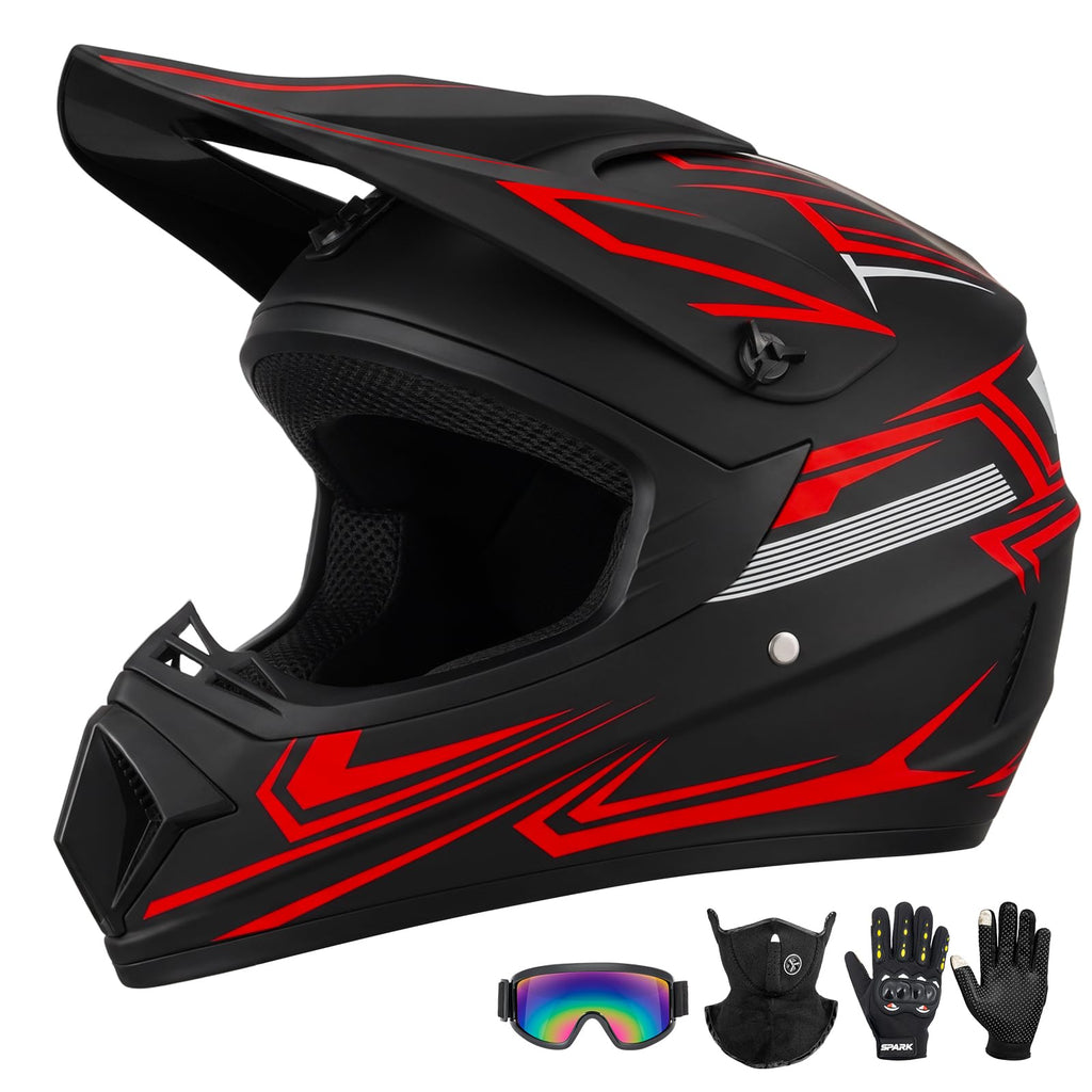 Youth Kids Full Face Motocross Helmet 4PCS Set DOT Approved Red XL I13321