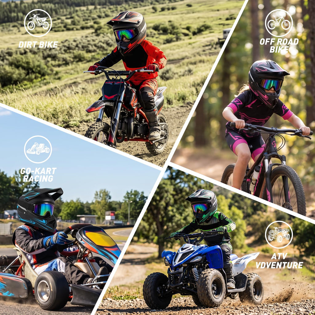 Youth Kids Full Face Motocross Helmet 4PCS Set DOT Approved Red XL I13321
