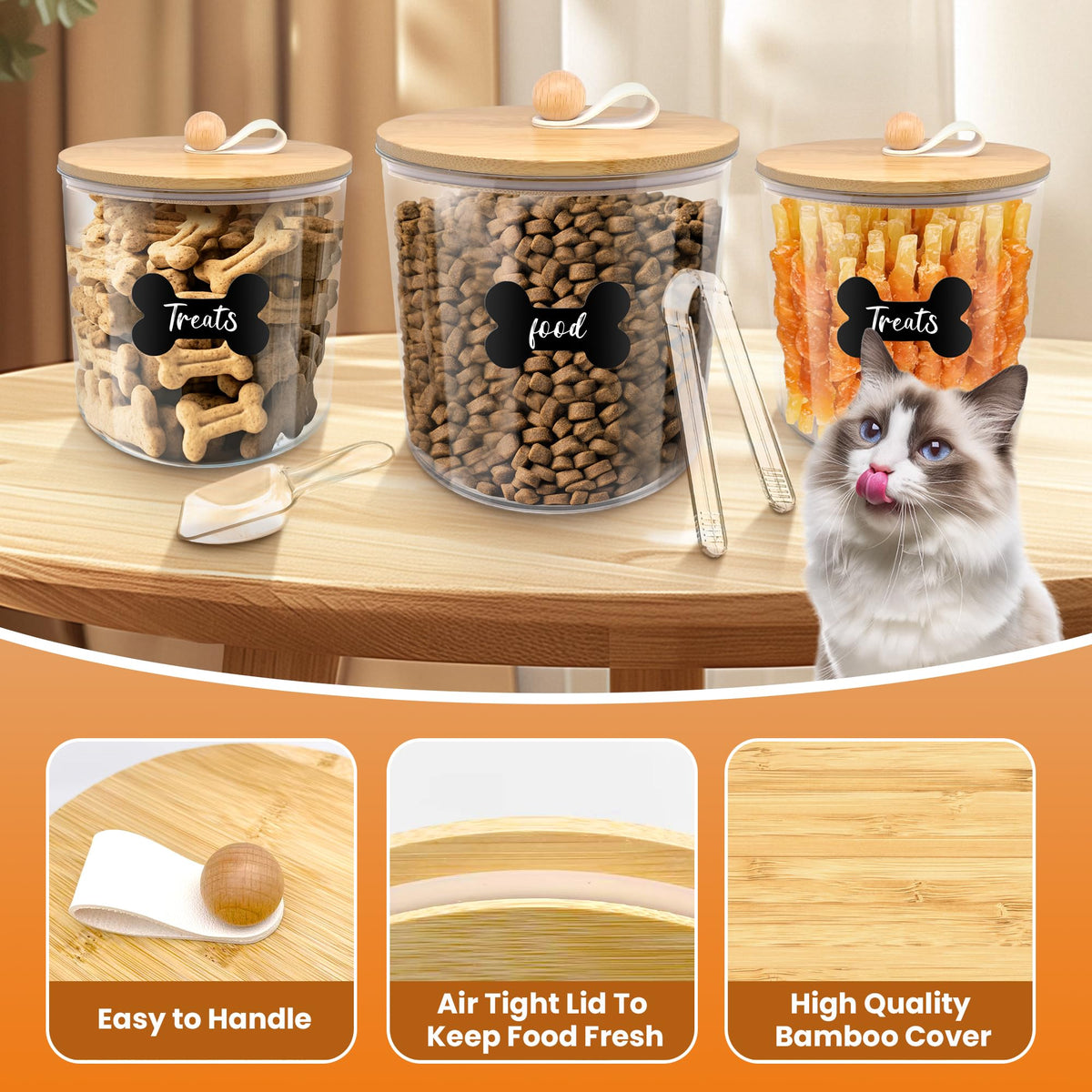 3 Pack Airtight Dog Food Storage Container with Bamboo Lids N640