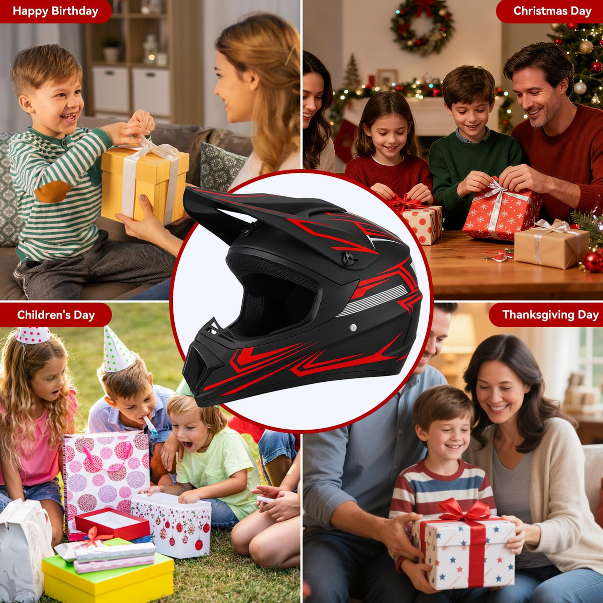 Youth Kids Full Face Motocross Helmet 4PCS Set DOT Approved Red XL I13321
