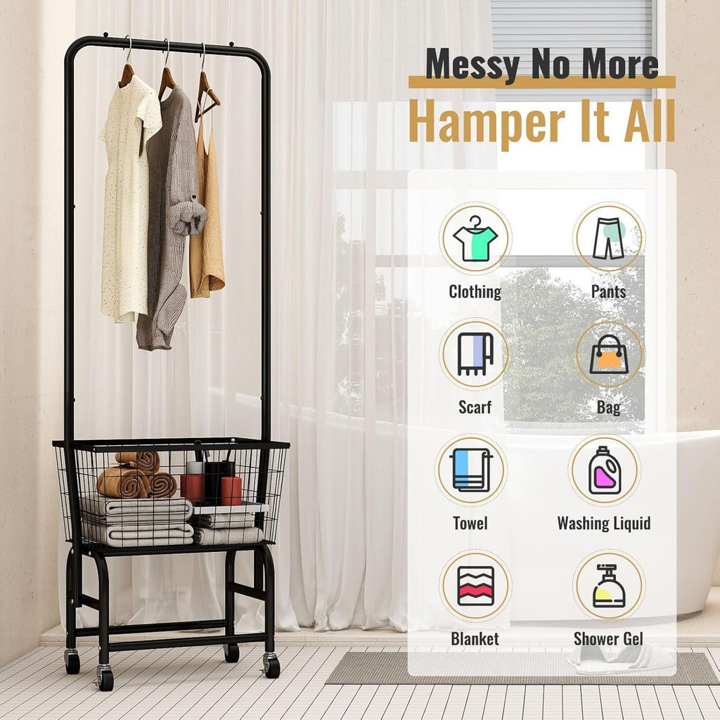 Black Rolling Laundry Cart with Hanging Rack K570642