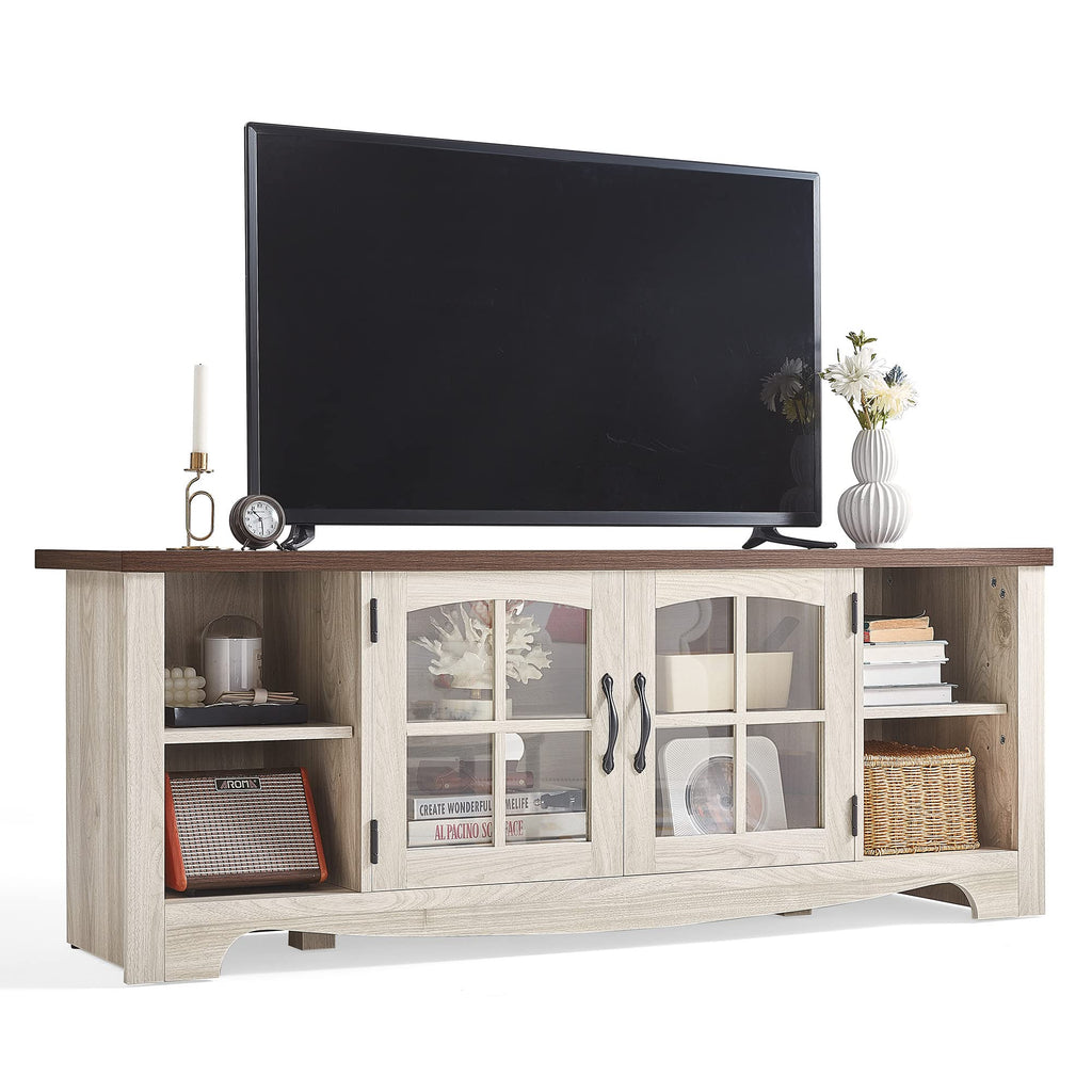 Farmhouse Wood TV Stand for 65 Inch TV with Glass Door Storage Cabinet J402522
