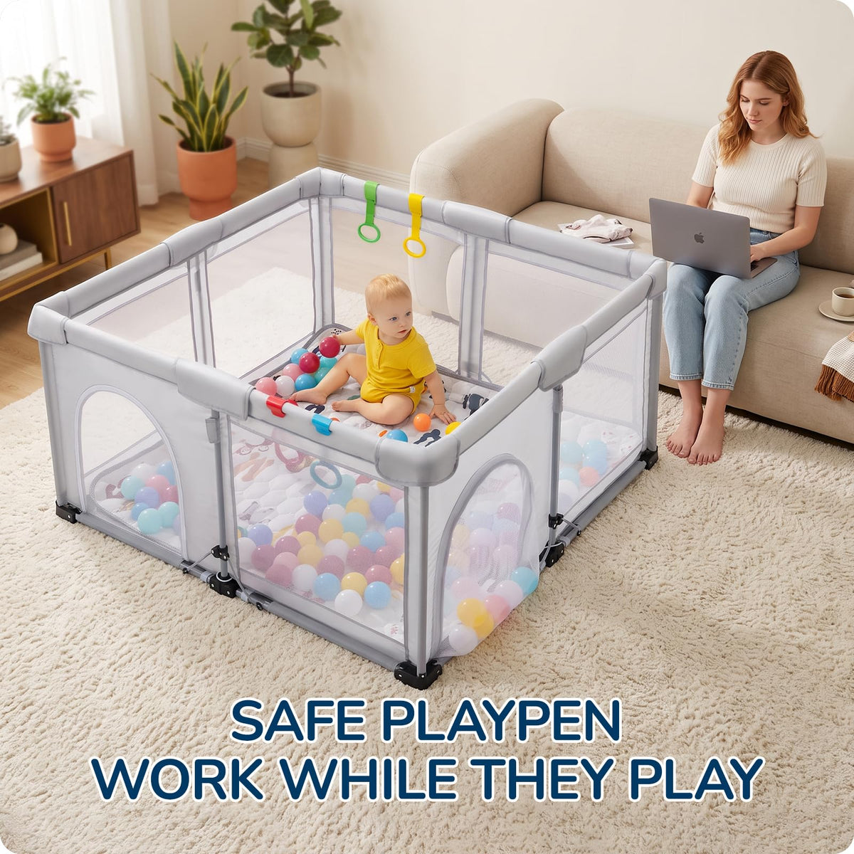 Foldable Lightweight Portable Playpen with Carry Bag, 50"x50" Light Gray D2097
