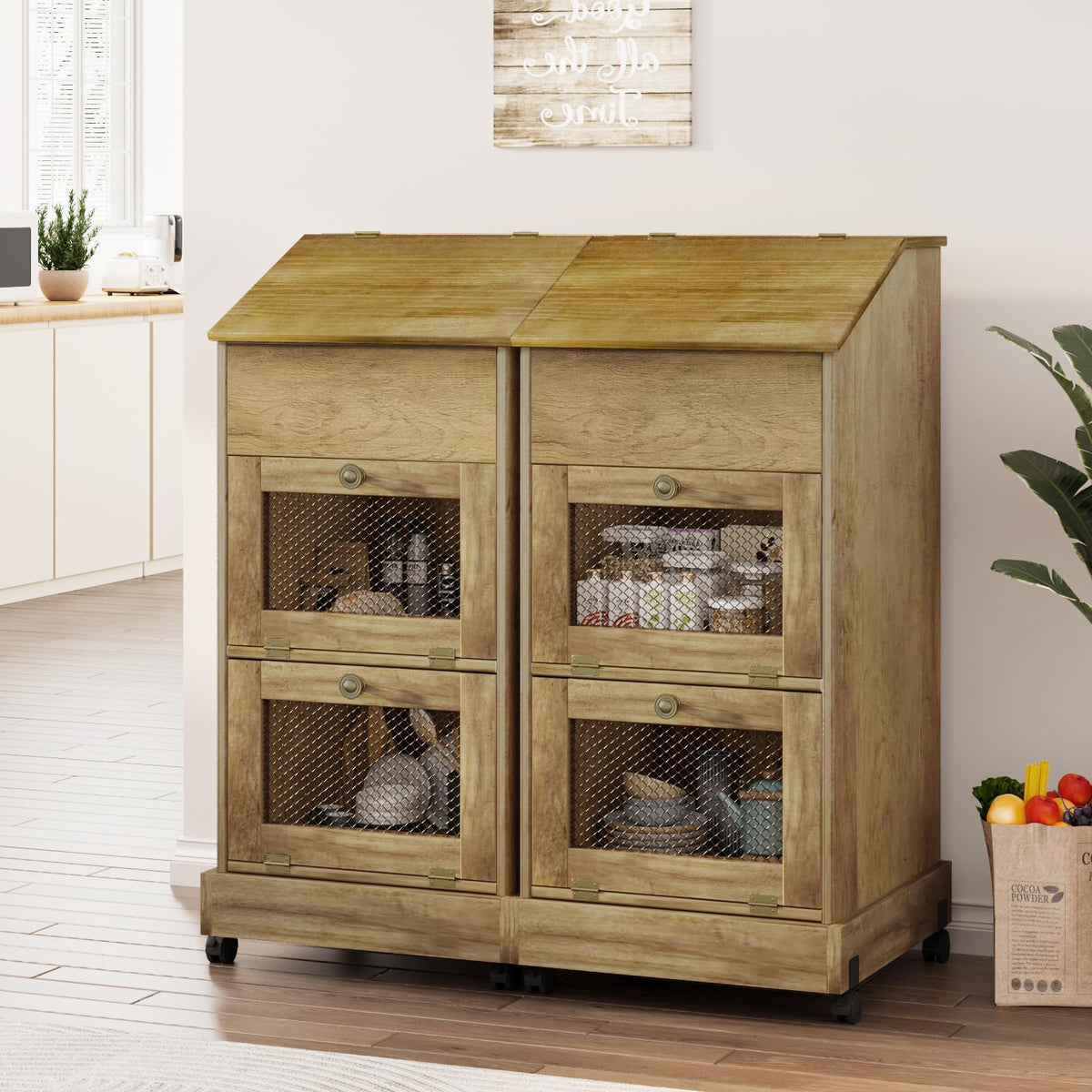 Brown Wooden Potato Storage Bin with Wheel Z3783