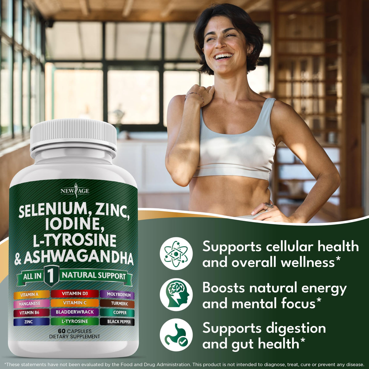Selenium Zinc Iodine L Tyrosine Ashwagandha Supplement 120 Count T41441