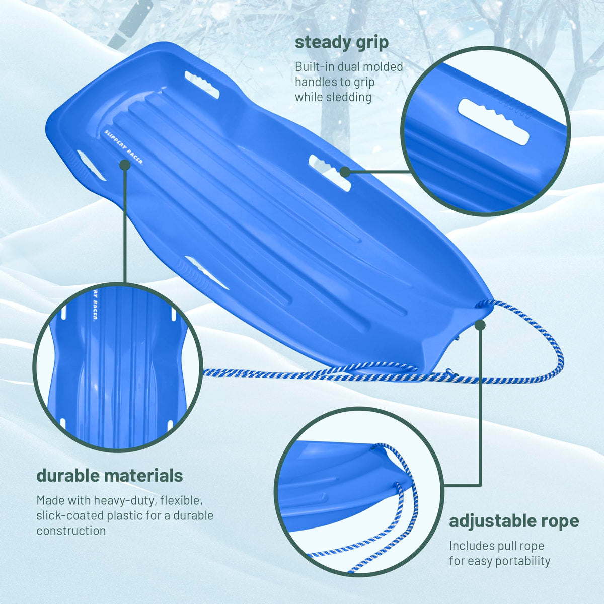 Kids Plastic Snow Sled with Pull Rope and Handles, Blue Z5414