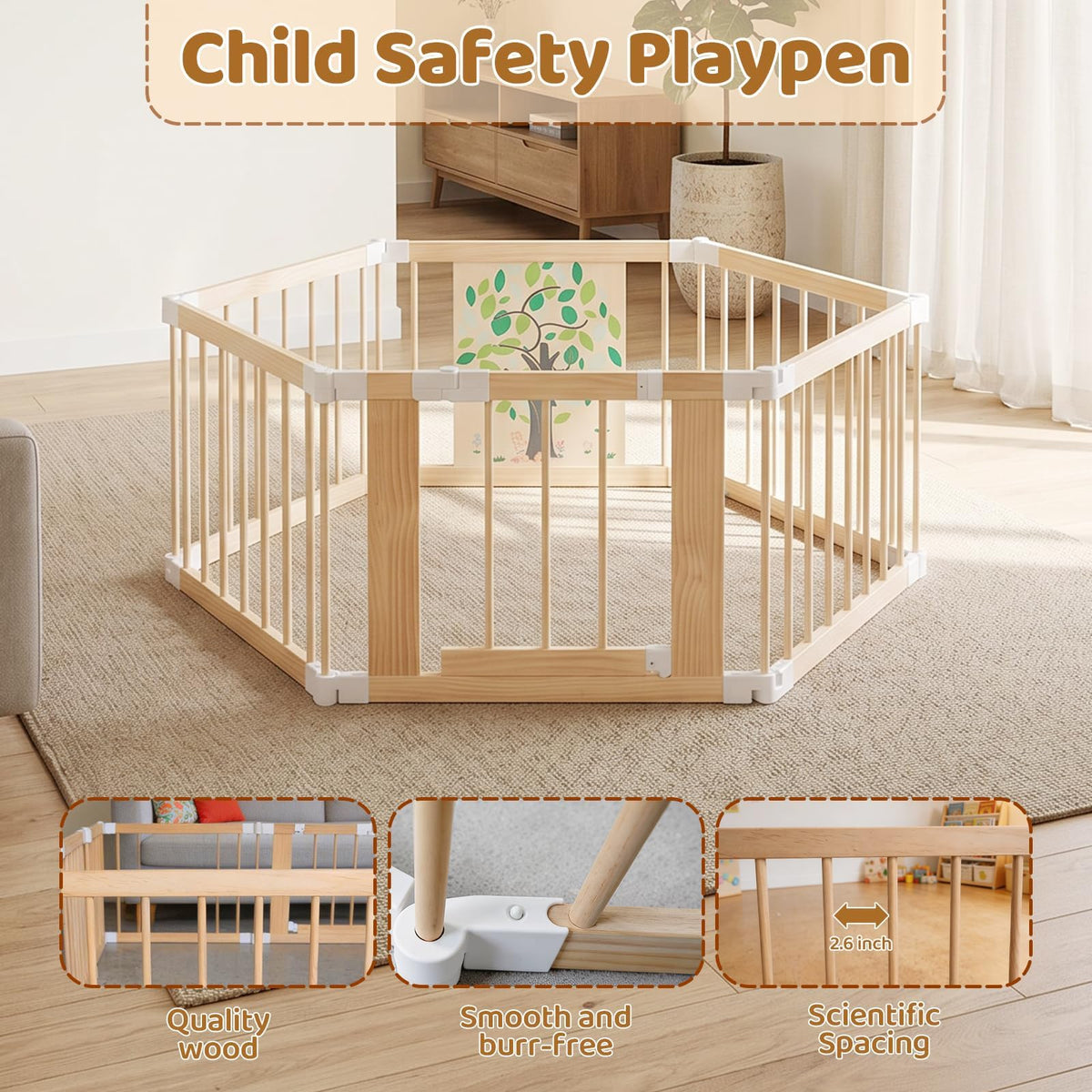 Foldable Wooden Baby Playpen with Adjustable Size and Shape Y854