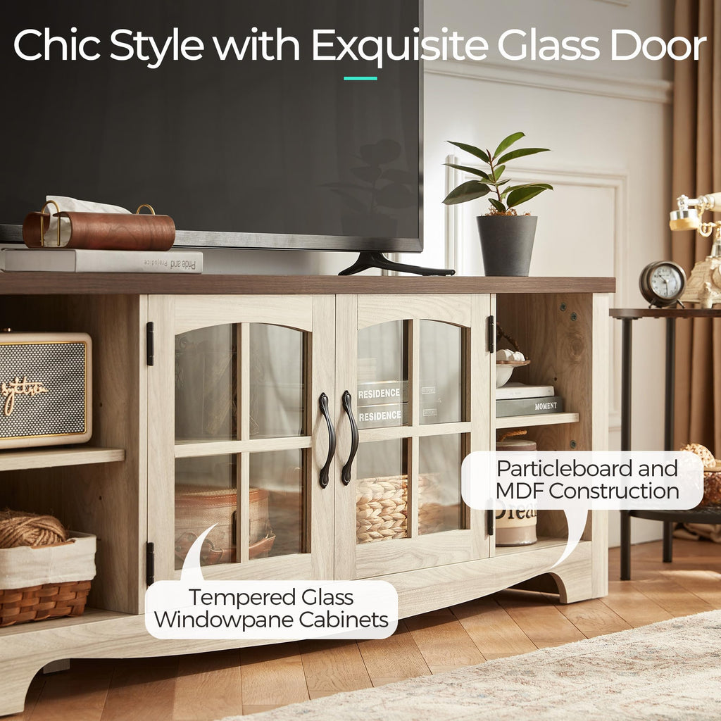 Farmhouse Wood TV Stand for 65 Inch TV with Glass Door Storage Cabinet J402522