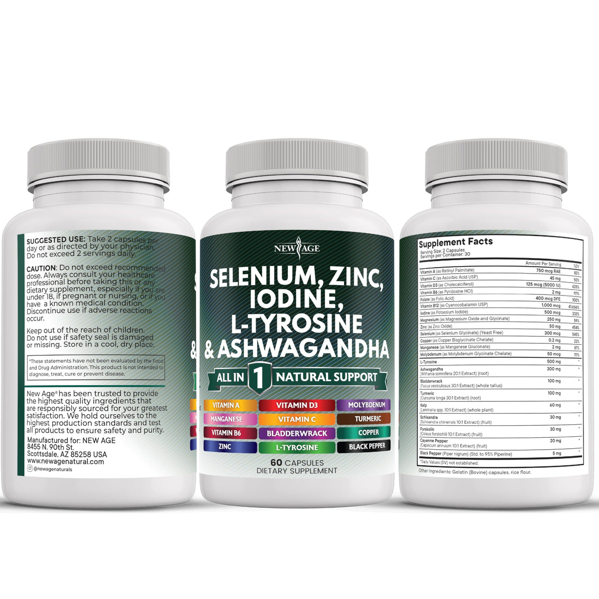 Selenium Zinc Iodine L Tyrosine Ashwagandha Supplement 120 Count T41441