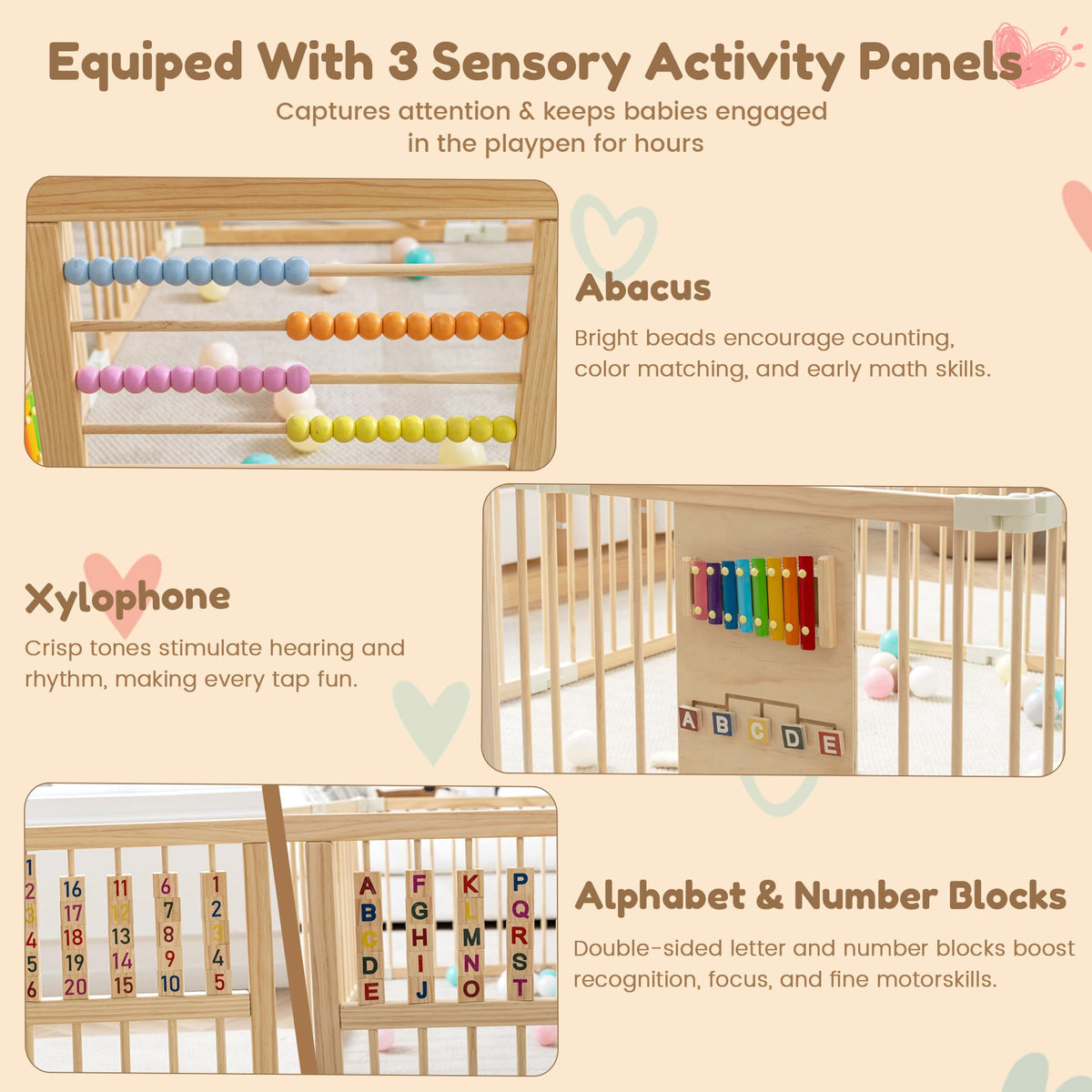 Wooden Playpen with 3 Learning Toys Z17997