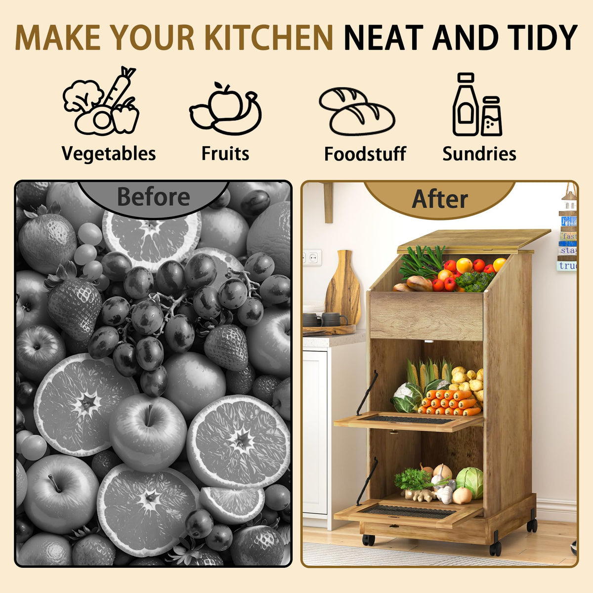 Brown Wooden Potato Storage Bin with Wheel Z3783