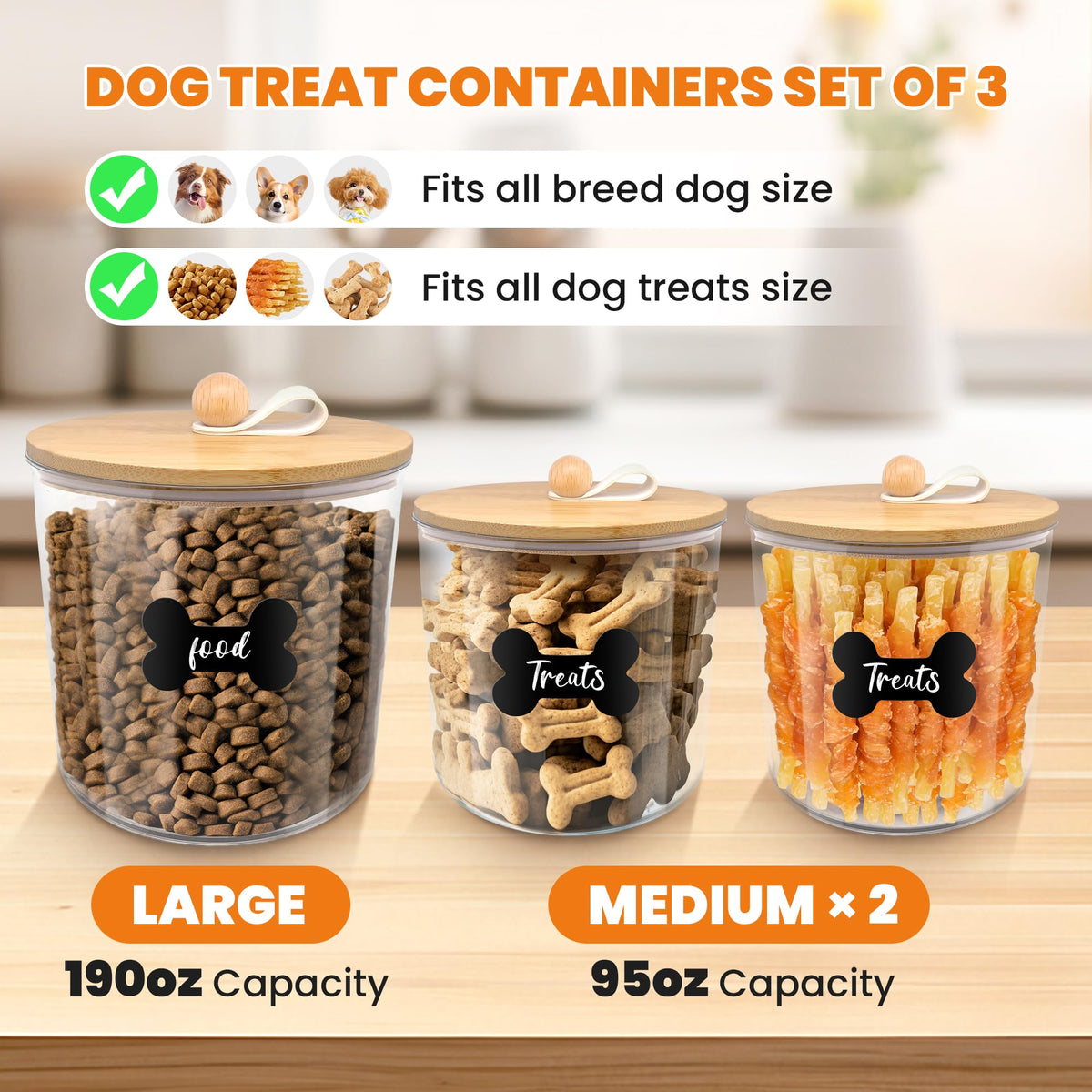 3 Pack Airtight Dog Food Storage Container with Bamboo Lids N640