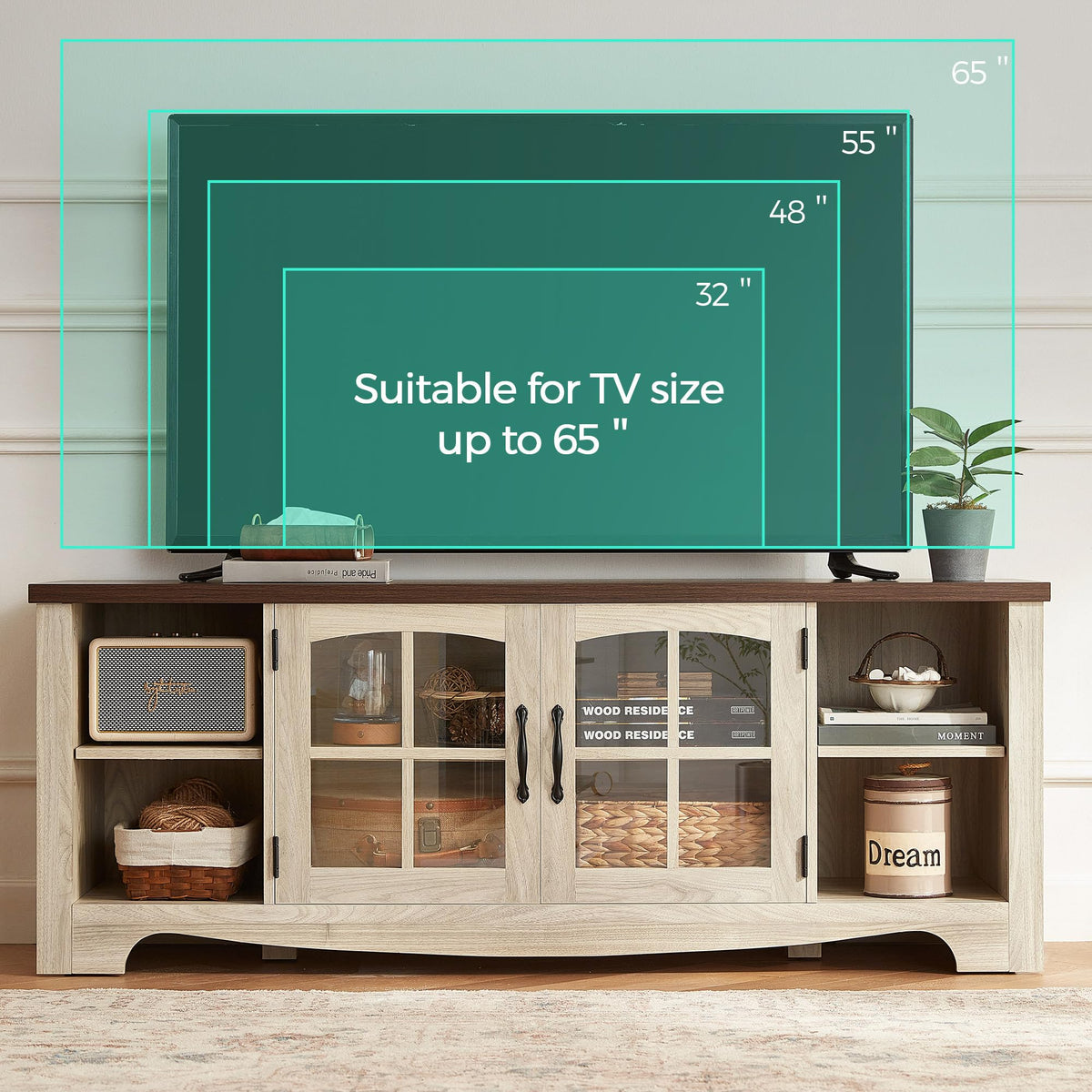 Farmhouse Wood TV Stand for 65 Inch TV with Glass Door Storage Cabinet J402522