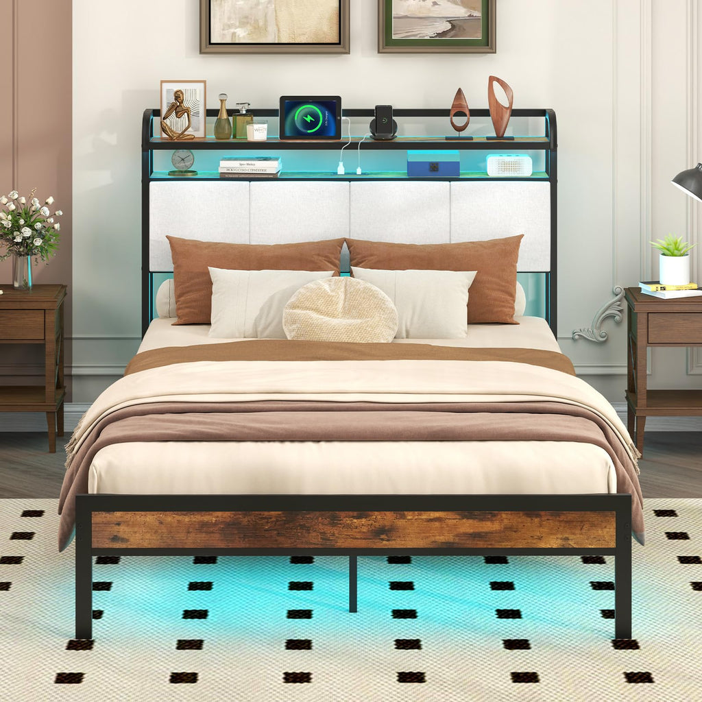 Full Size Metal Platform Bed with Storage Headboard X89721