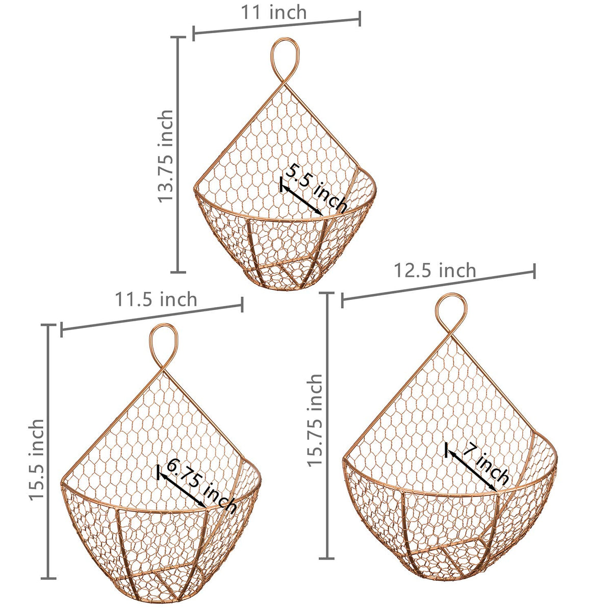Set of 3 Copper Metal Wire Mesh Wall Hanging Baskets S373
