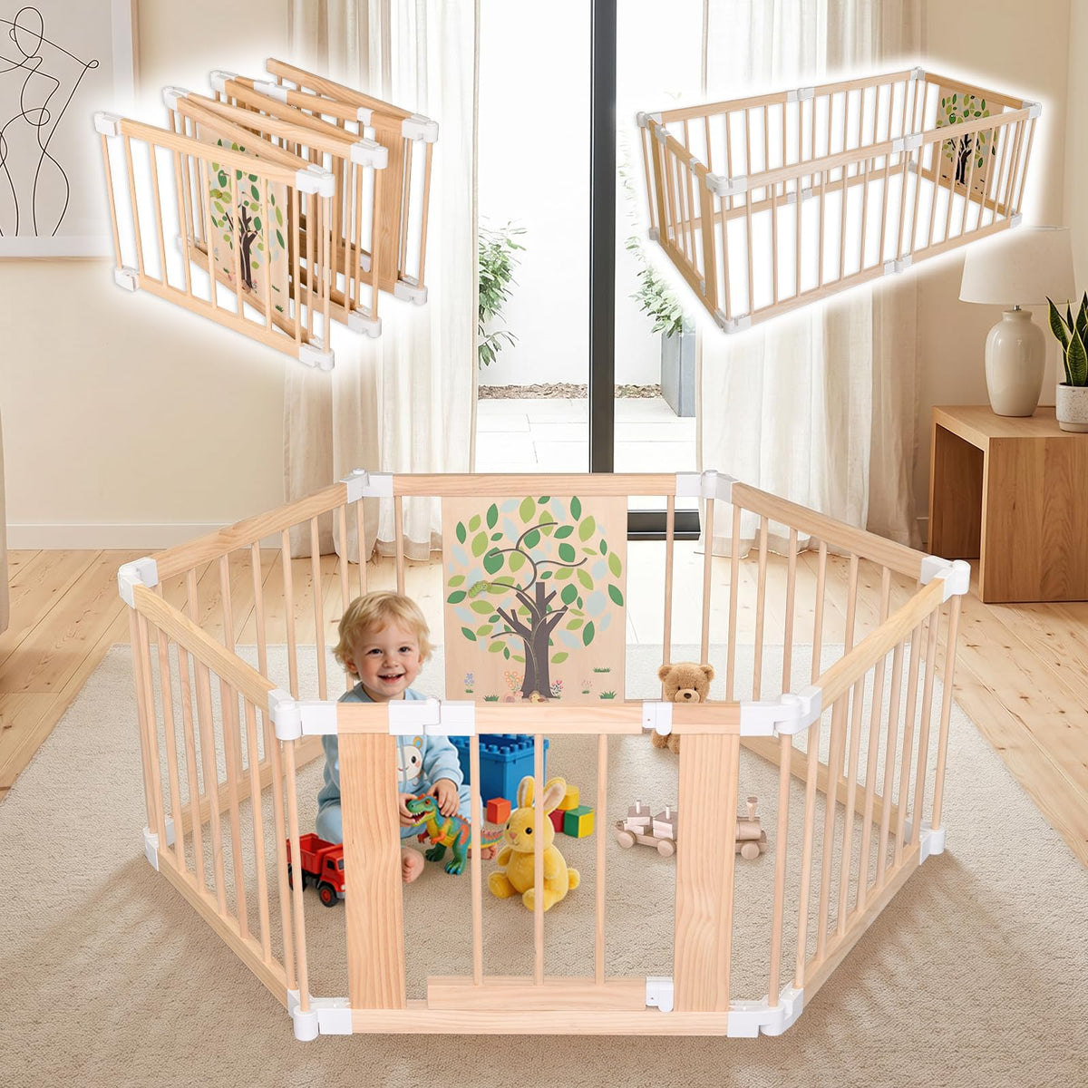 Foldable Wooden Baby Playpen with Adjustable Size and Shape Y854