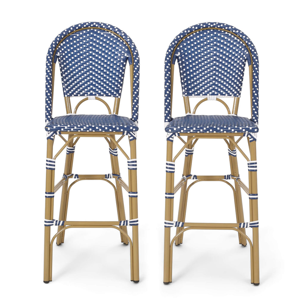 29.5" H Outdoor Bar Stools Set of 2 PE Rattan Aluminum Dark Teal & White N69382
