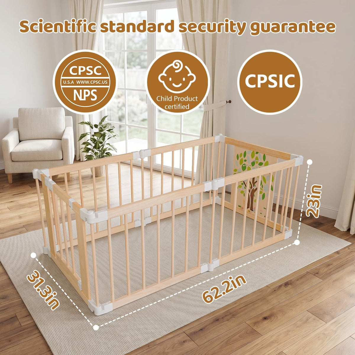 Foldable Wooden Baby Playpen with Adjustable Size and Shape Y854