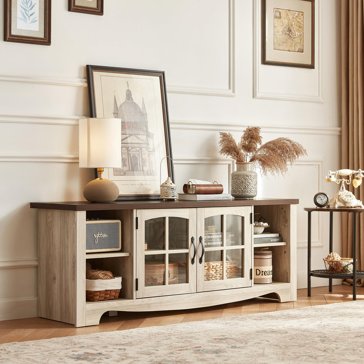 Farmhouse Wood TV Stand for 65 Inch TV with Glass Door Storage Cabinet J402522