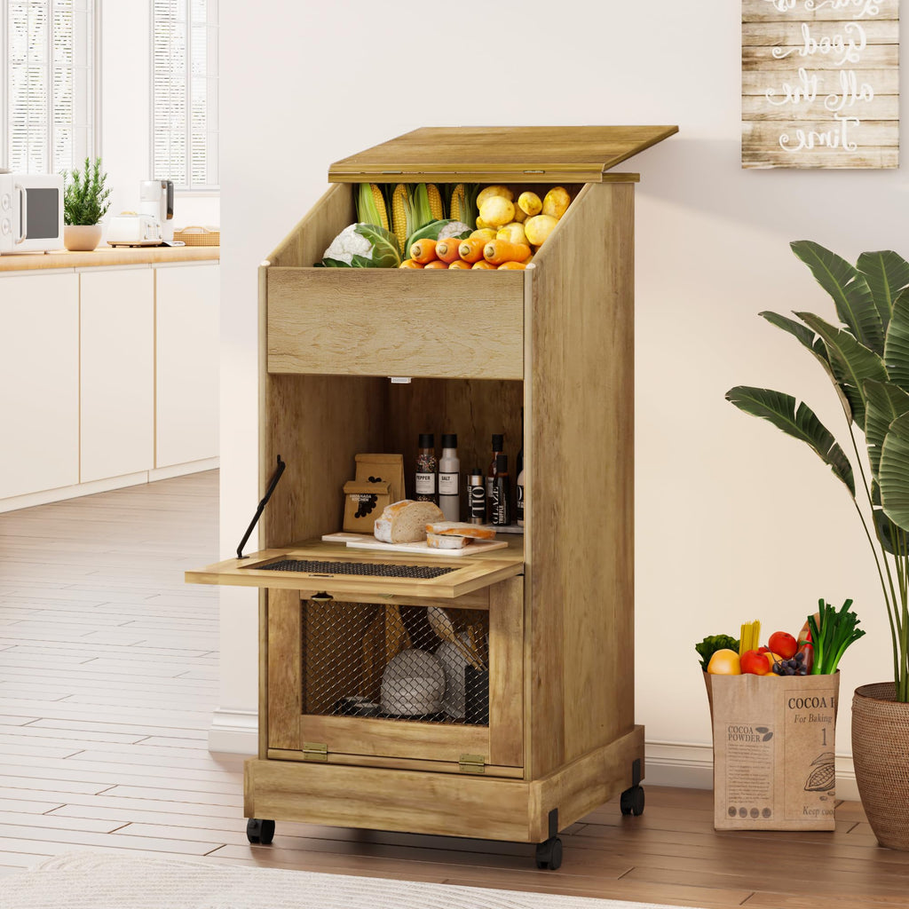 Brown Wooden Potato Storage Bin with Wheel Z3783