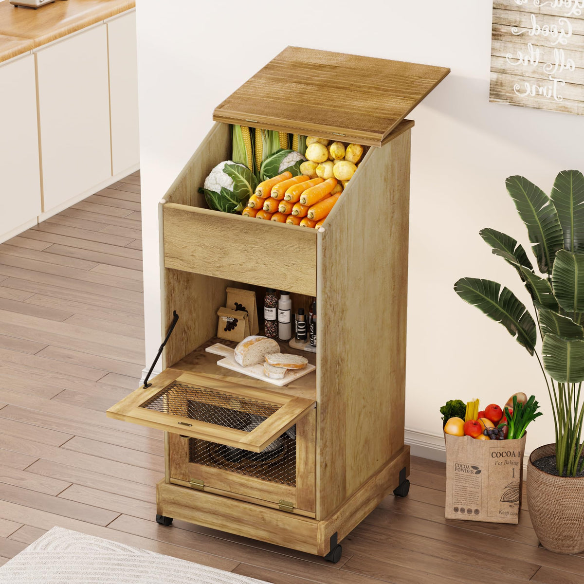 Brown Wooden Potato Storage Bin with Wheel Z3783