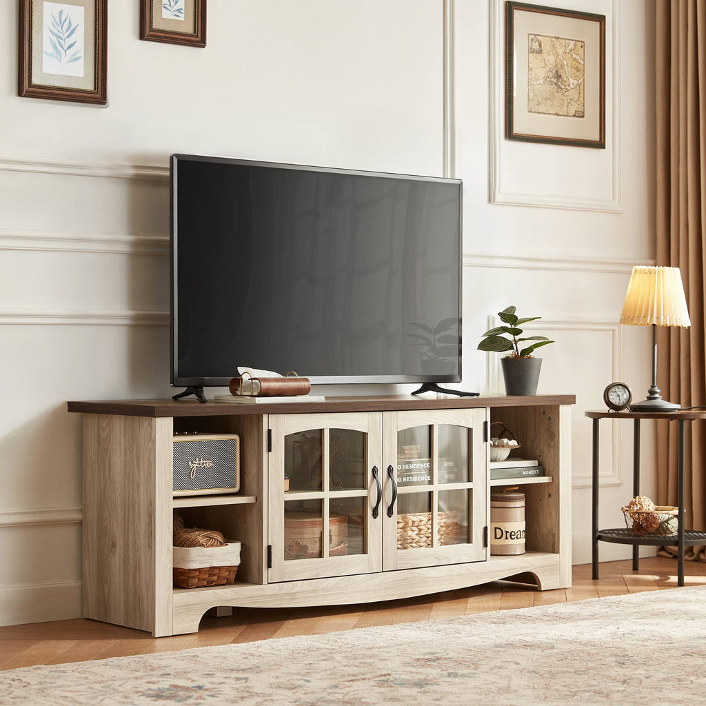 Farmhouse Wood TV Stand for 65 Inch TV with Glass Door Storage Cabinet J402522