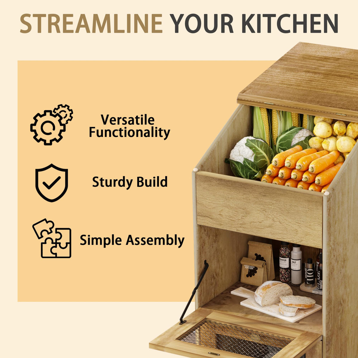 Brown Wooden Potato Storage Bin with Wheel Z3783