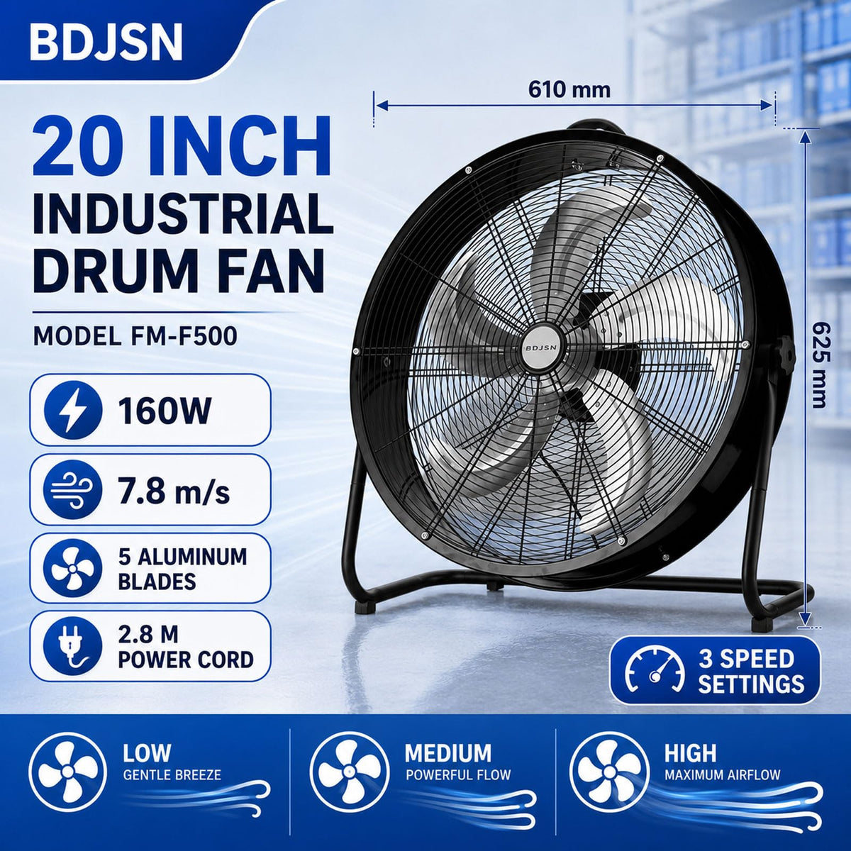 3-speed High Velocity Drum Fan with 5 Aluminium Blades T519009