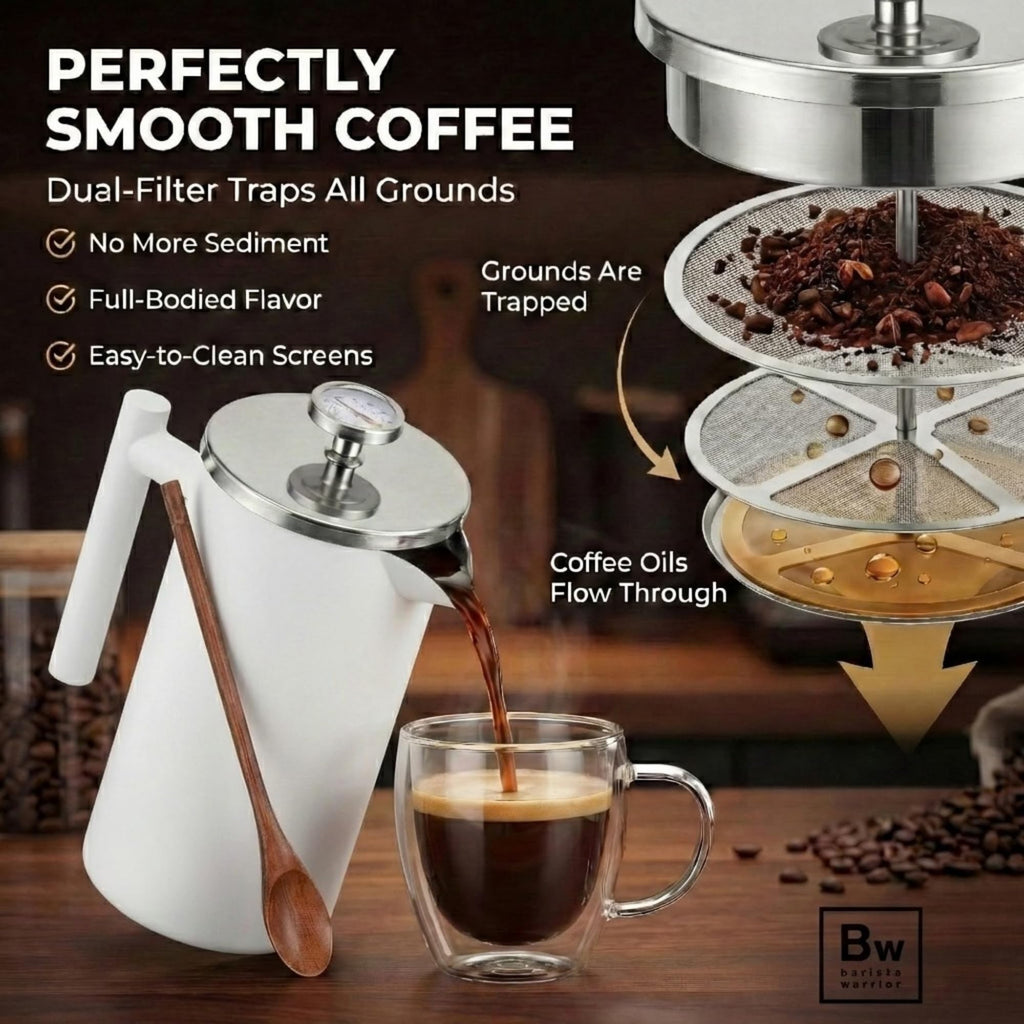 White Double-Wall Stainless Steel Insulated French Press with Thermometer M204364