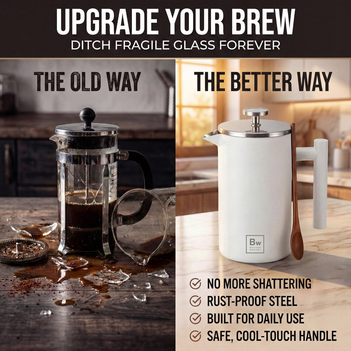 White Double-Wall Stainless Steel Insulated French Press with Thermometer M204364