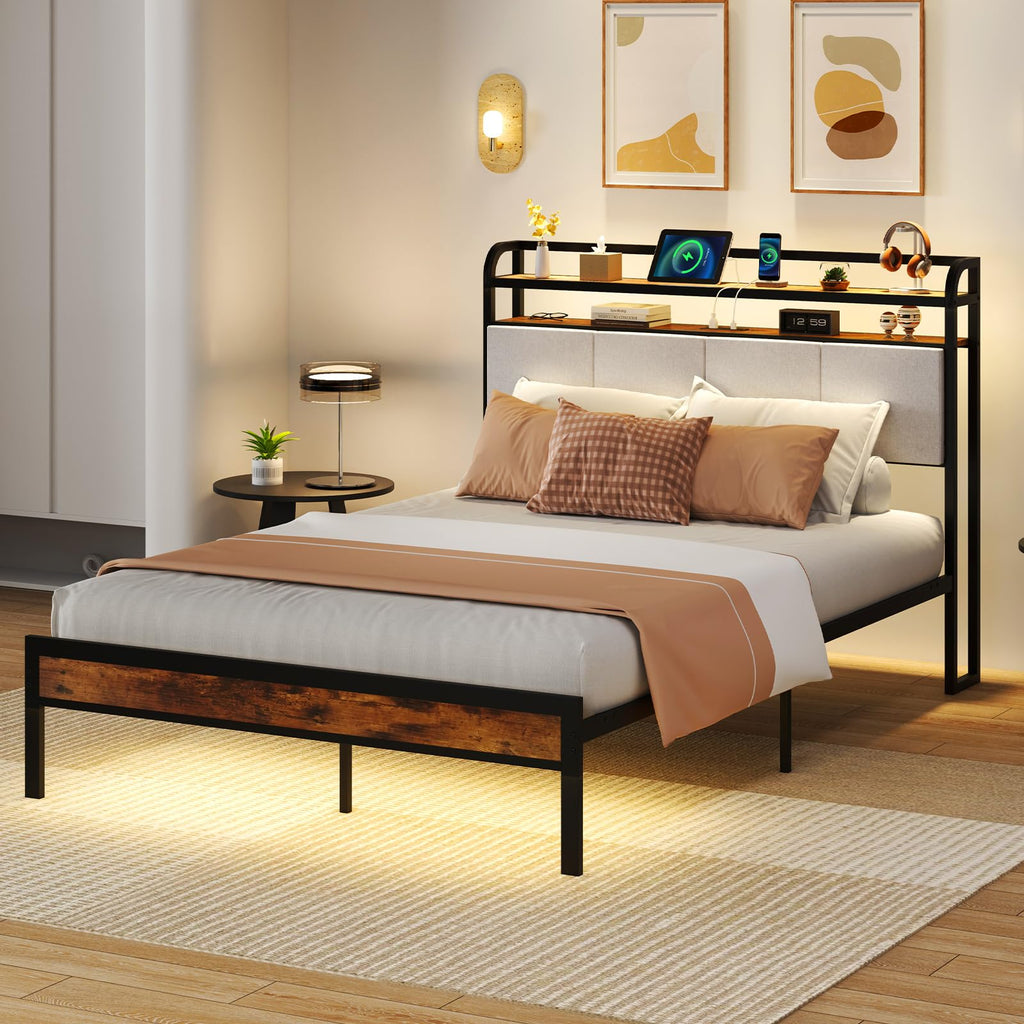 Full Size Metal Platform Bed with Storage Headboard X89721