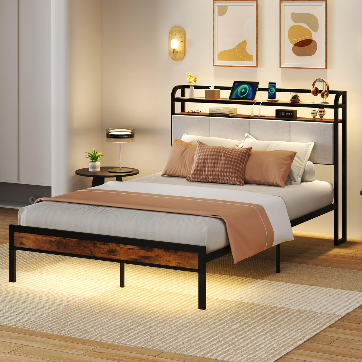 Full Size Metal Platform Bed with Storage Headboard X89721