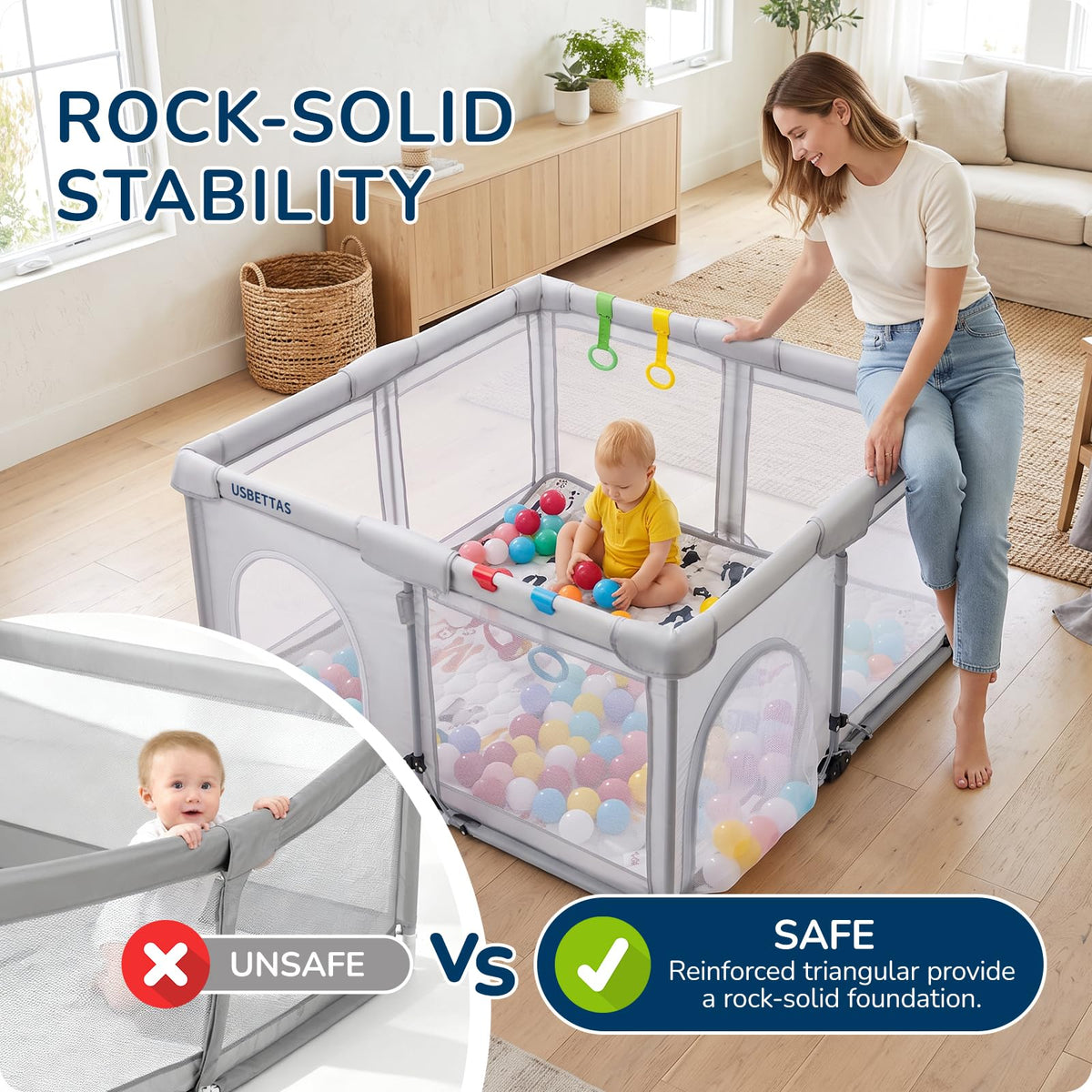 Foldable Lightweight Portable Playpen with Carry Bag, 50"x50" Light Gray D2097