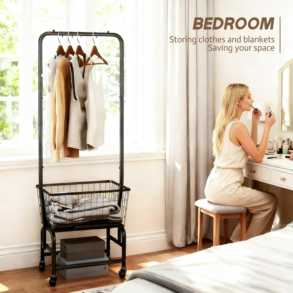 Black Rolling Laundry Cart with Hanging Rack K570642