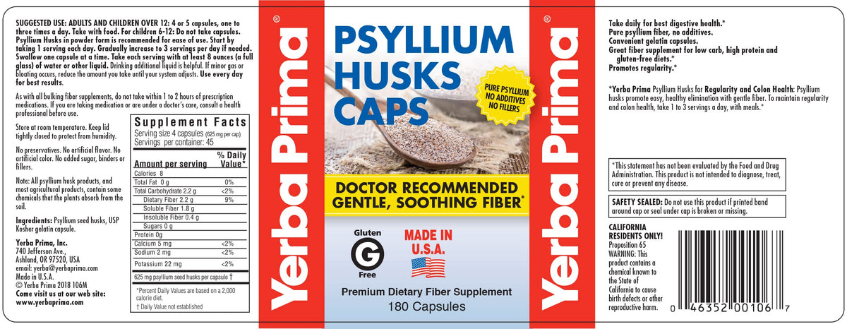 Psyllium Husks Caps Dietary Fiber 625 mg 180 Capsules H81253