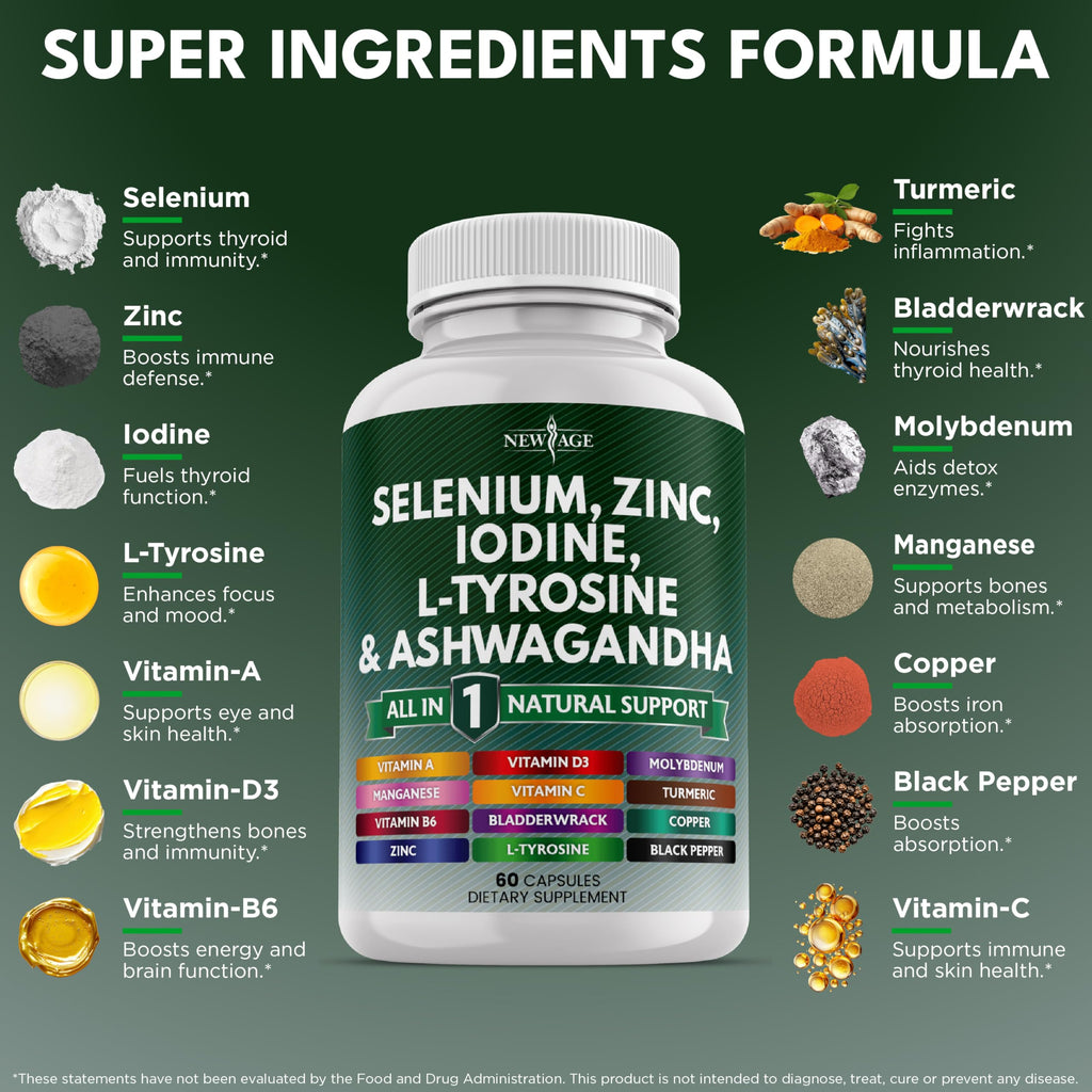 Selenium Zinc Iodine L Tyrosine Ashwagandha Supplement 120 Count T41441