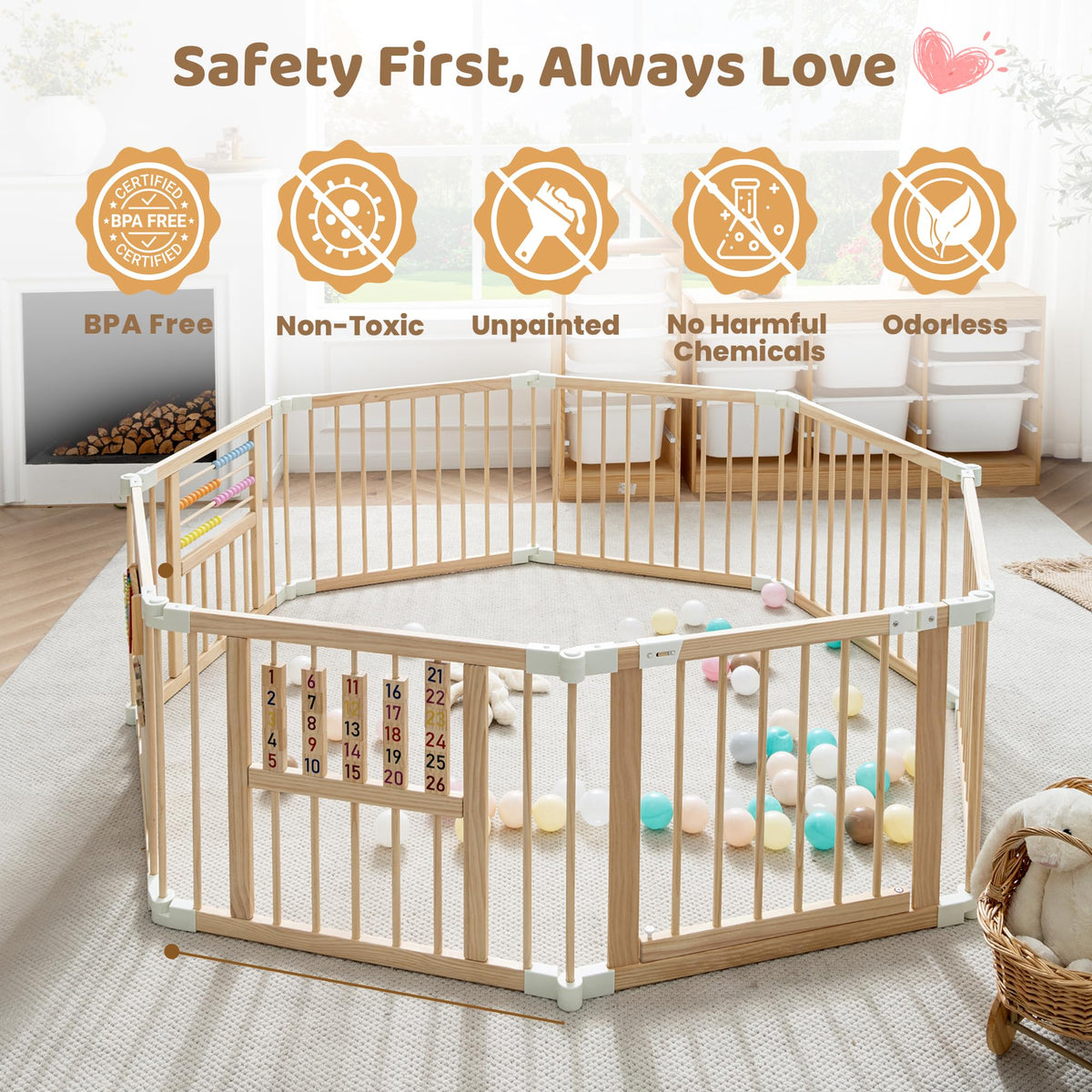 Wooden Playpen with 3 Learning Toys Z17997