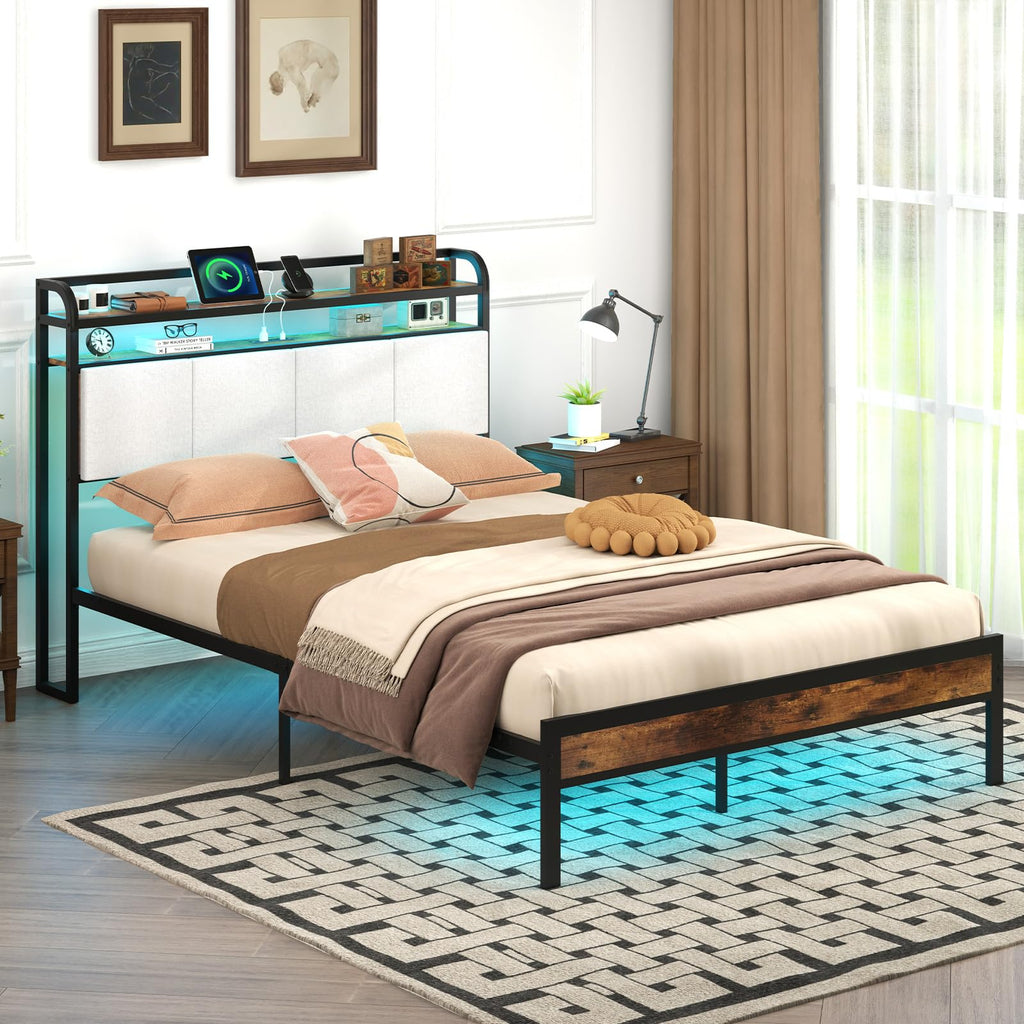 Full Size Metal Platform Bed with Storage Headboard X89721