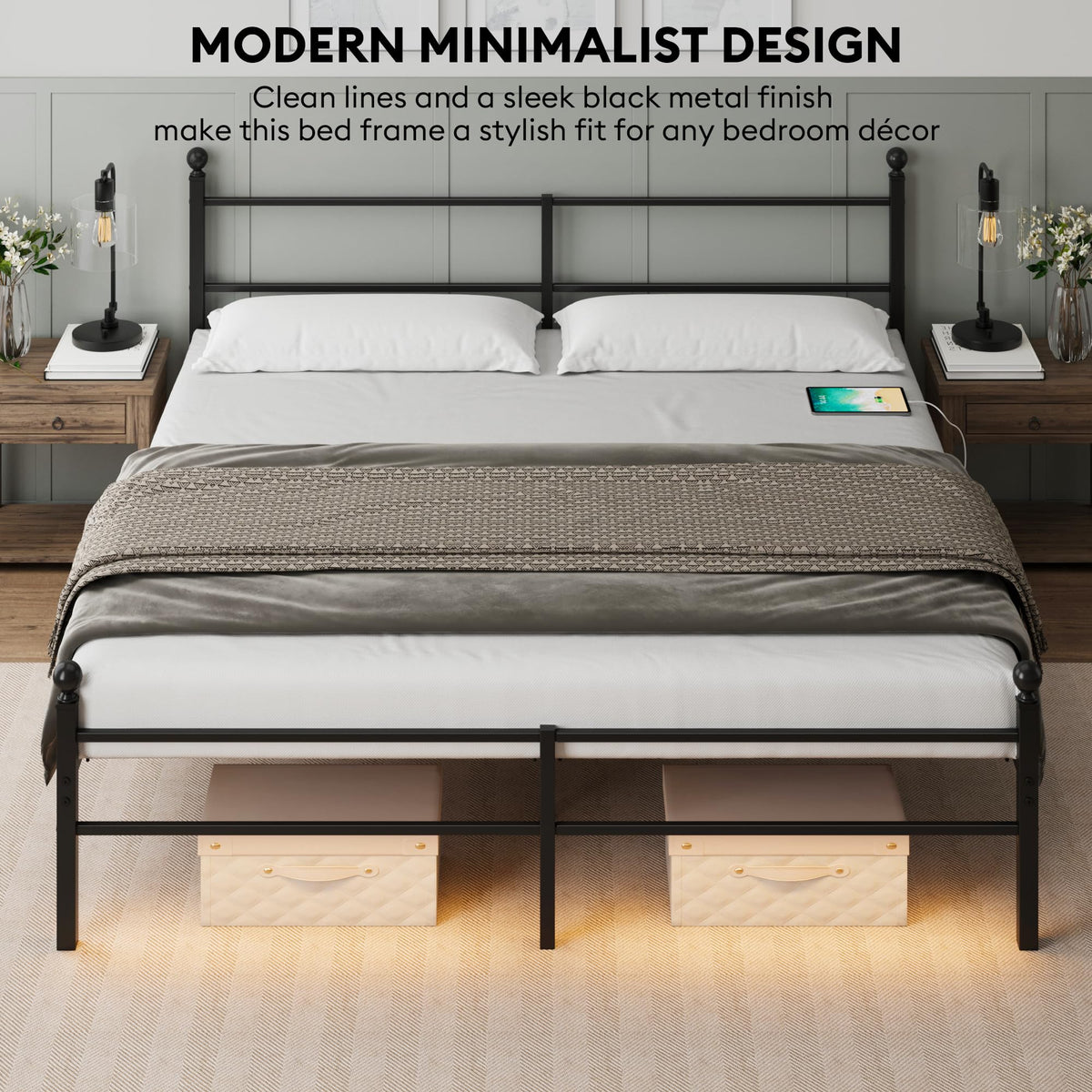 Black King Size Metal Platform Bed Frame with Headboard J39235